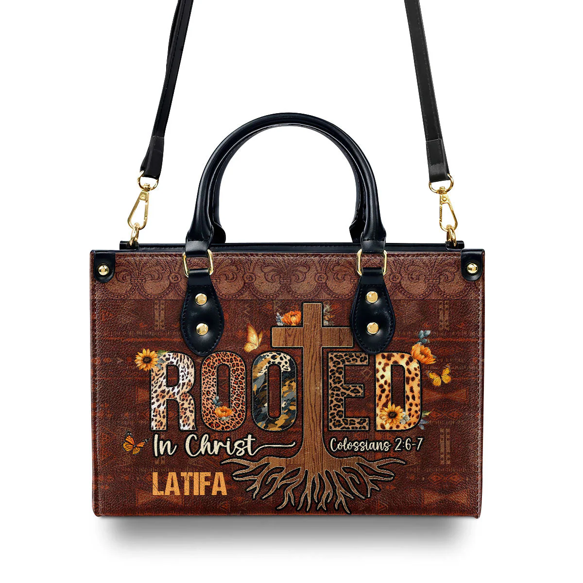 Rooted In Christ Cross Colossians 2:6-7 - Personalized African Leather Handbag - Christian Gift For Her | HD95 - Image 4