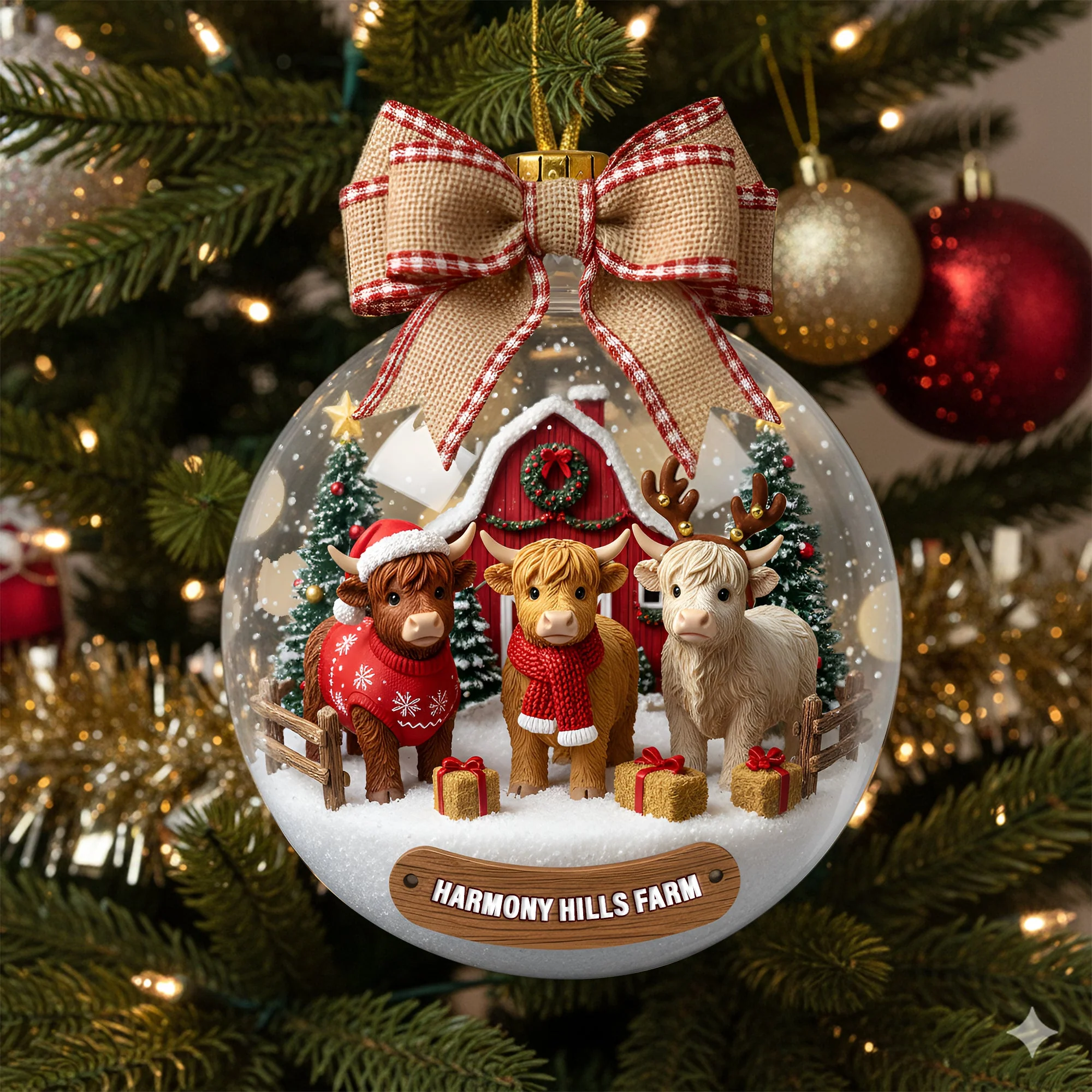 Rustic Highland Cow Farm - Personalized Acrylic Ornament - Christmas Gift For Farmer