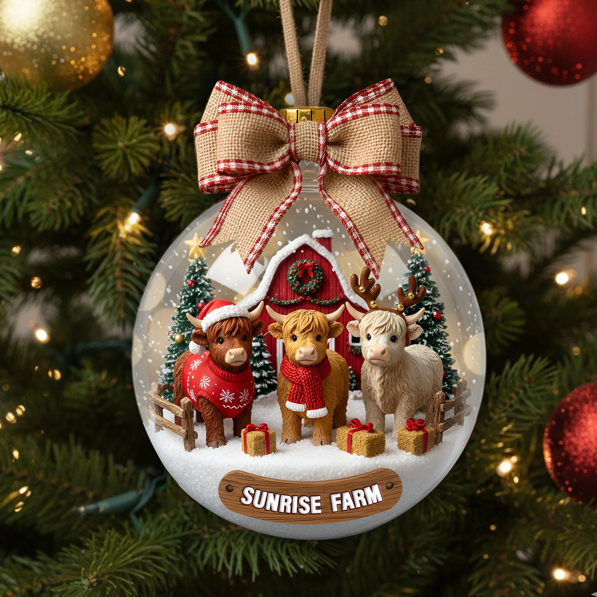 Rustic Highland Cow Farm - Personalized Acrylic Ornament - Christmas Gift For Farmer - Image 2