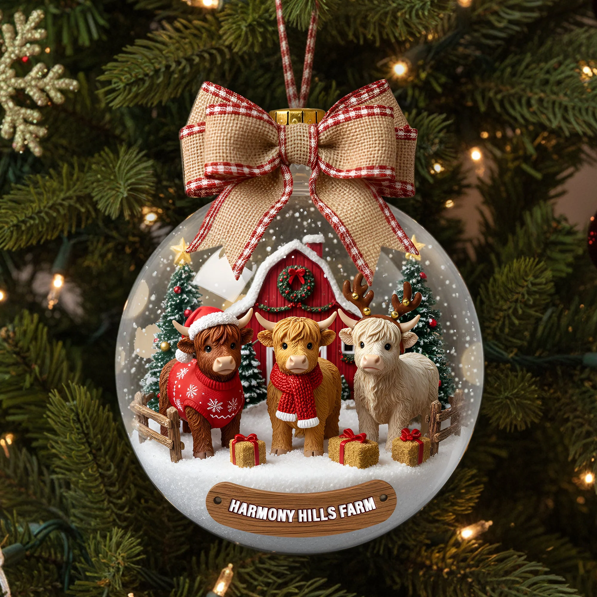 Rustic Highland Cow Farm - Personalized Acrylic Ornament - Christmas Gift For Farmer - Image 3