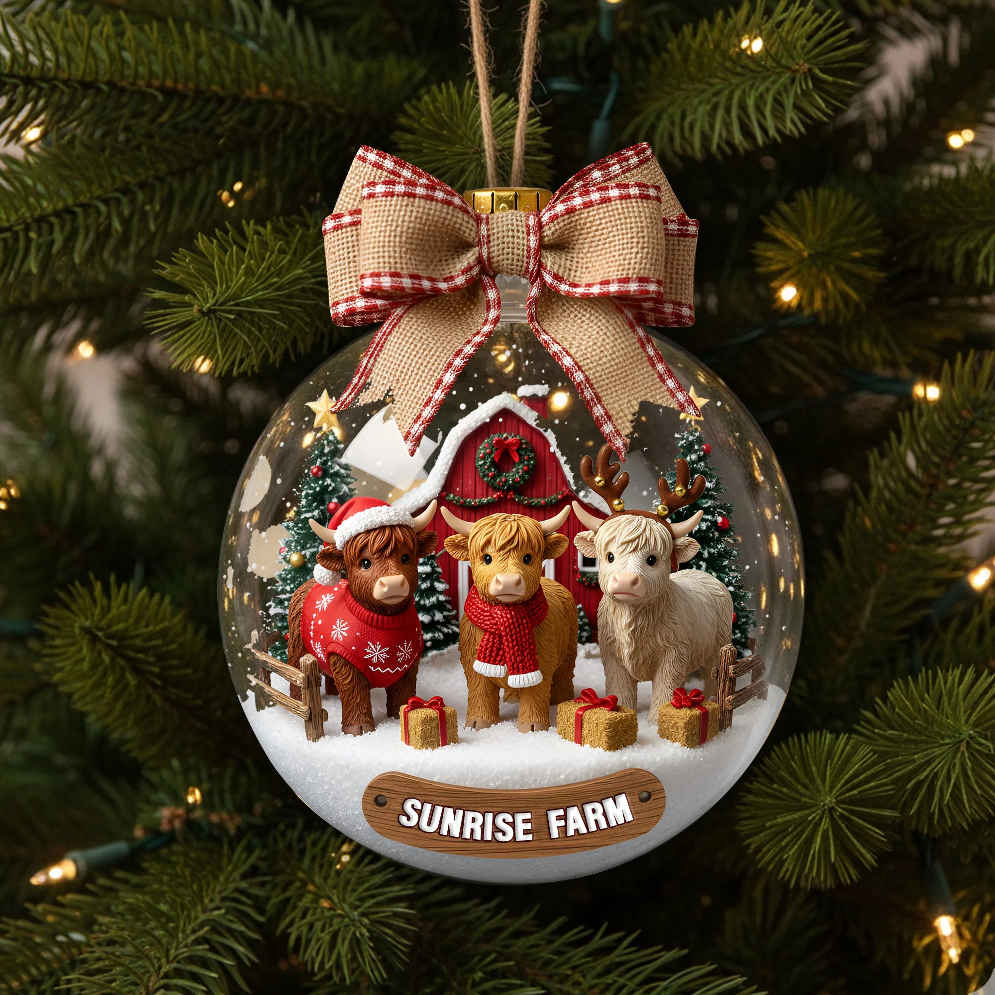 Rustic Highland Cow Farm - Personalized Acrylic Ornament - Christmas Gift For Farmer - Image 4