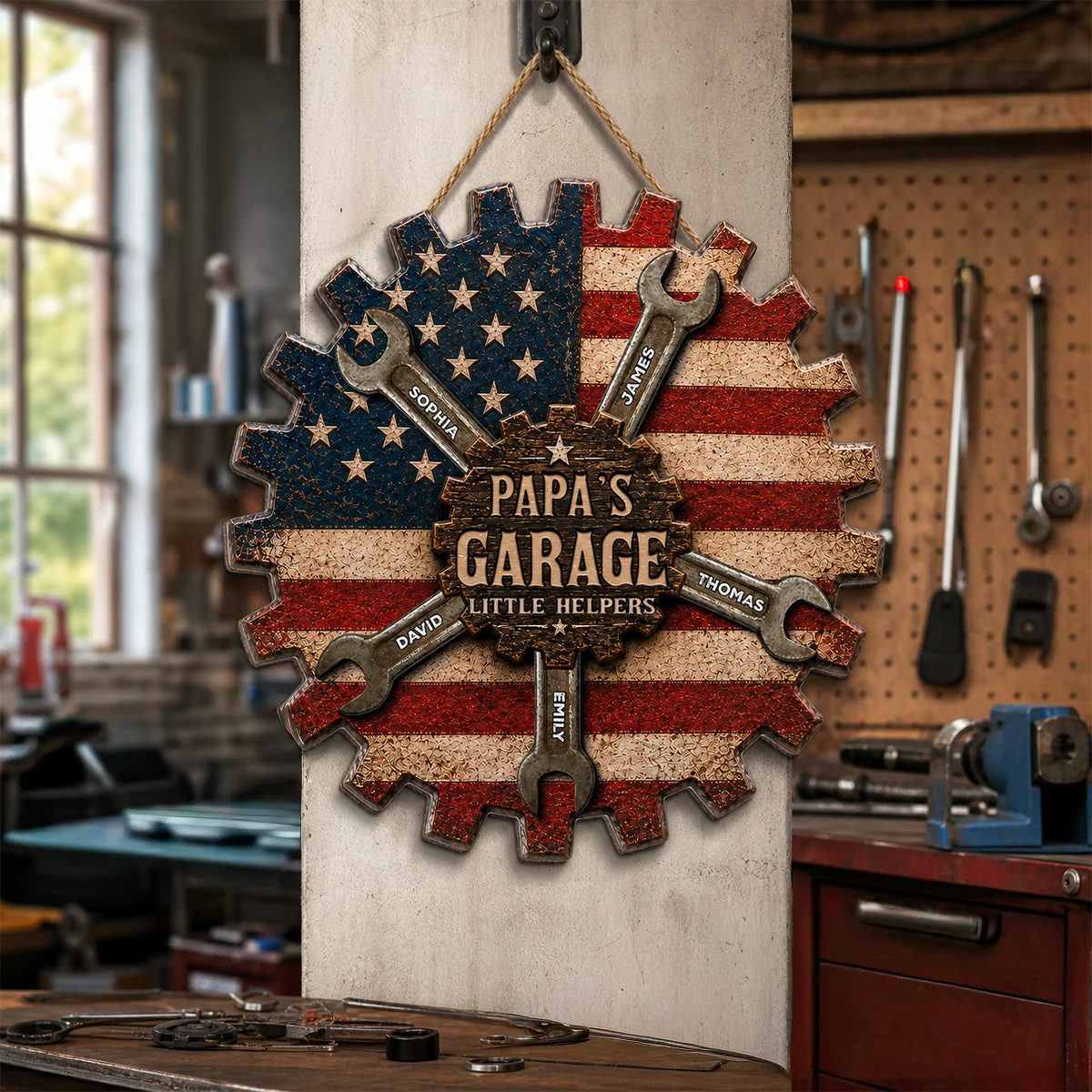 Rustic Workshop Dad Papa's Garage Little Helpers American Flag - Personalized Wooden Sign - Gift For Dad, Grandpa