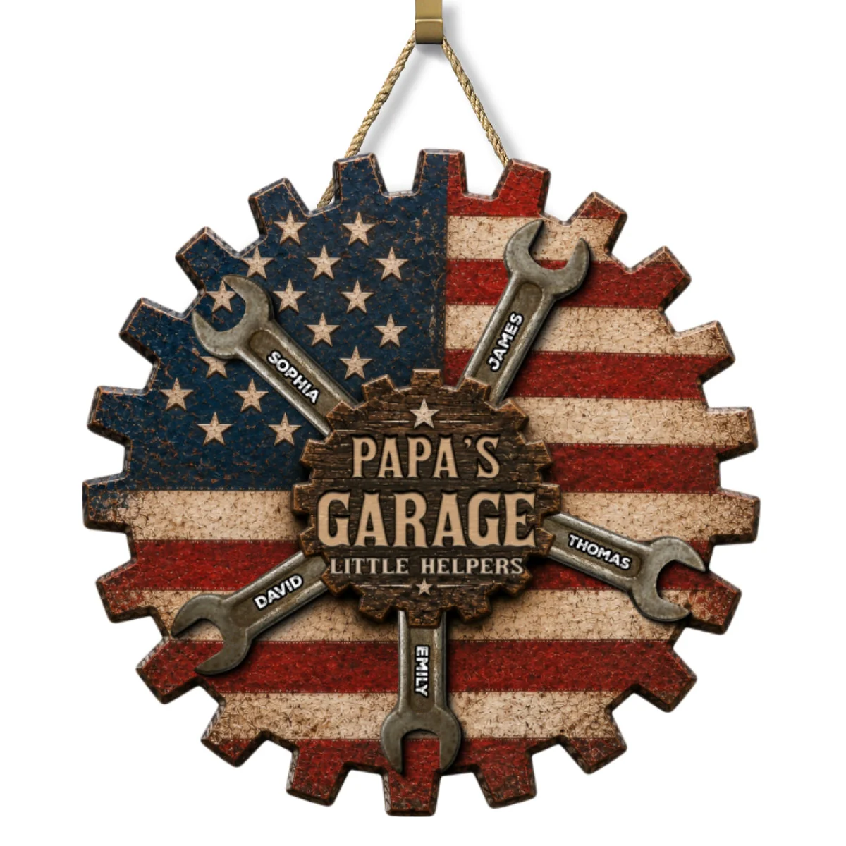 Rustic Workshop Dad Papa's Garage Little Helpers American Flag - Personalized Wooden Sign - Gift For Dad, Grandpa - Image 10