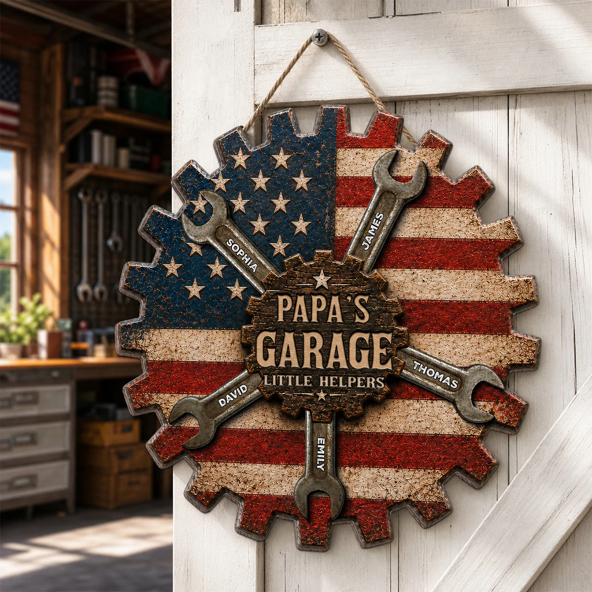 Rustic Workshop Dad Papa's Garage Little Helpers American Flag - Personalized Wooden Sign - Gift For Dad, Grandpa - Image 2