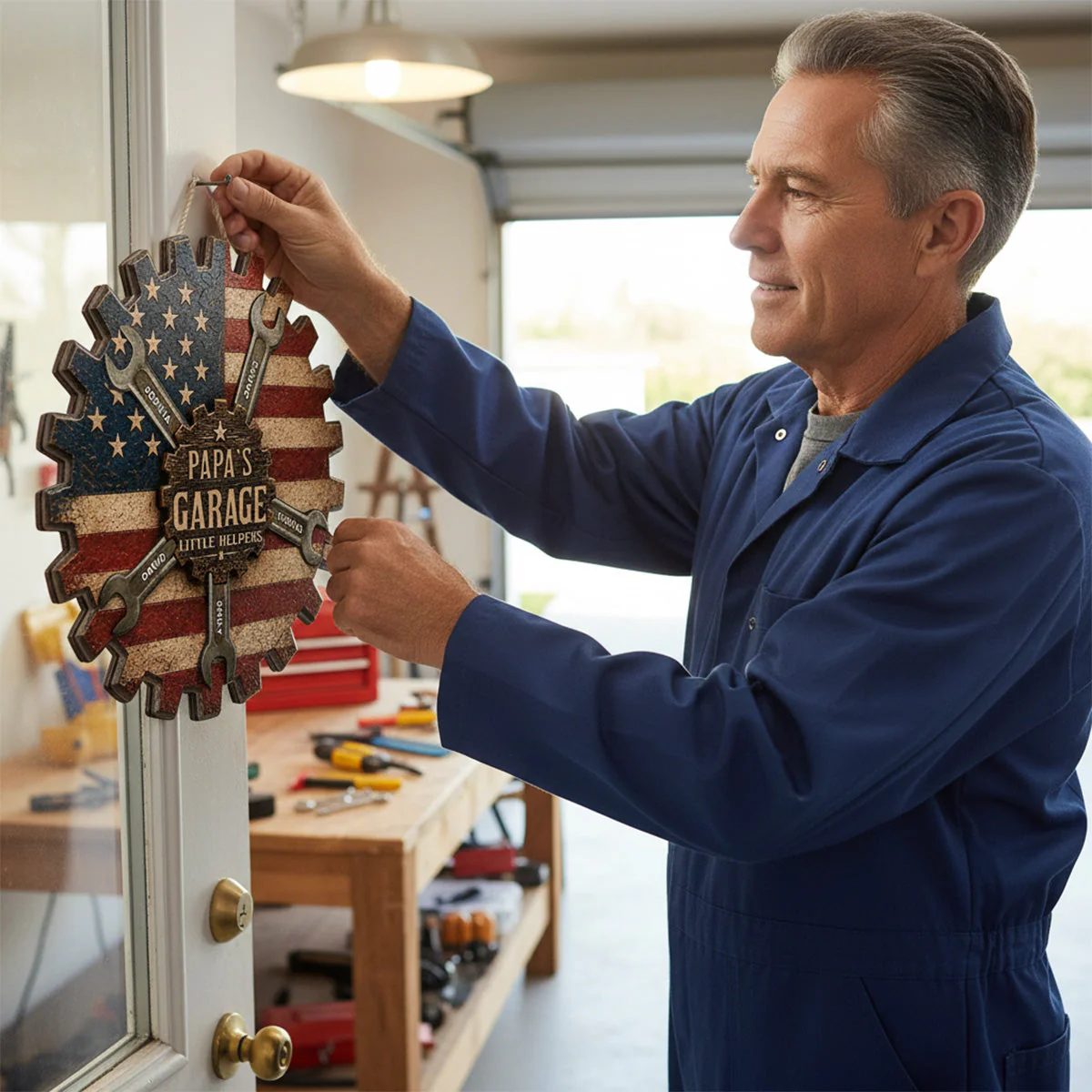 Rustic Workshop Dad Papa's Garage Little Helpers American Flag - Personalized Wooden Sign - Gift For Dad, Grandpa - Image 3