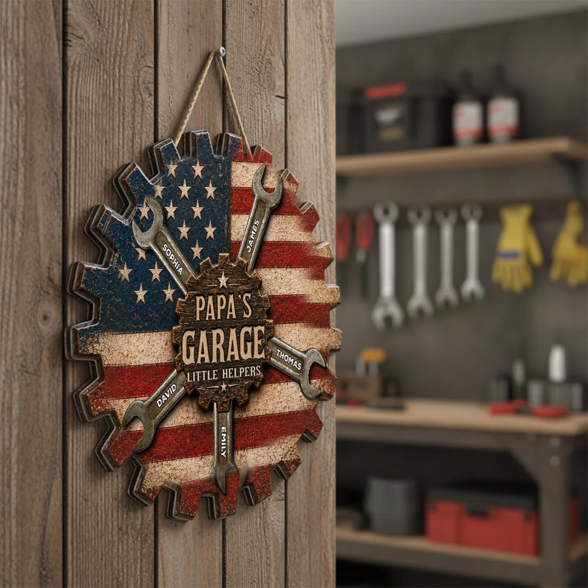 Rustic Workshop Dad Papa's Garage Little Helpers American Flag - Personalized Wooden Sign - Gift For Dad, Grandpa - Image 4