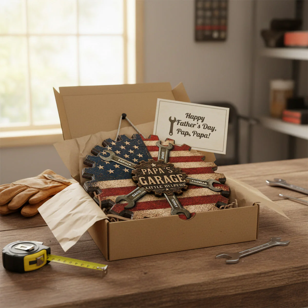 Rustic Workshop Dad Papa's Garage Little Helpers American Flag - Personalized Wooden Sign - Gift For Dad, Grandpa - Image 5