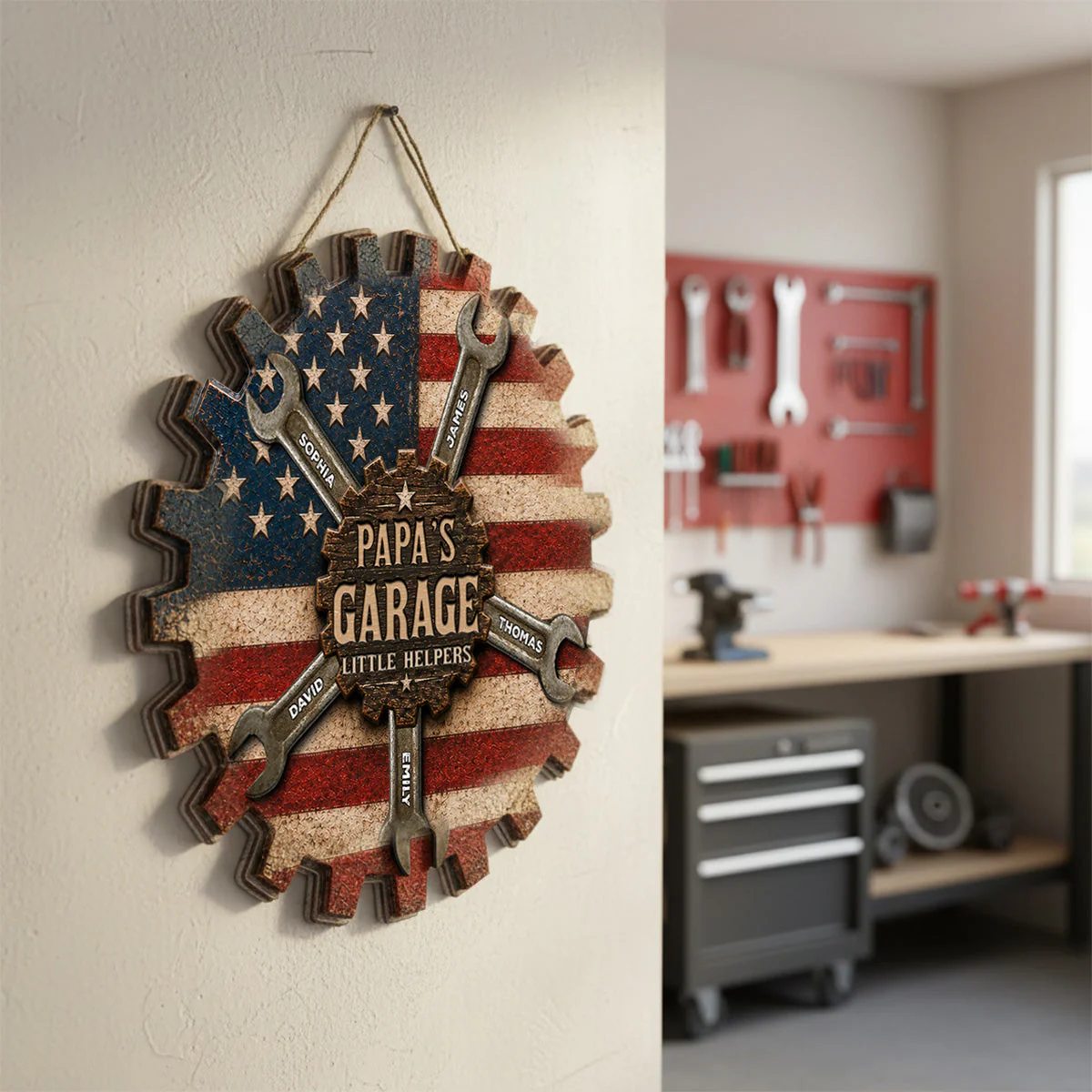 Rustic Workshop Dad Papa's Garage Little Helpers American Flag - Personalized Wooden Sign - Gift For Dad, Grandpa - Image 6