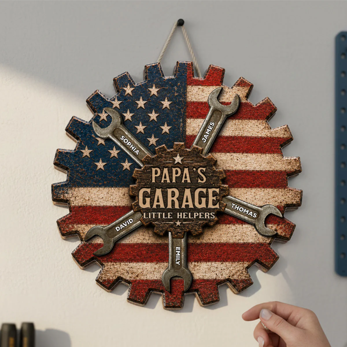 Rustic Workshop Dad Papa's Garage Little Helpers American Flag - Personalized Wooden Sign - Gift For Dad, Grandpa - Image 7