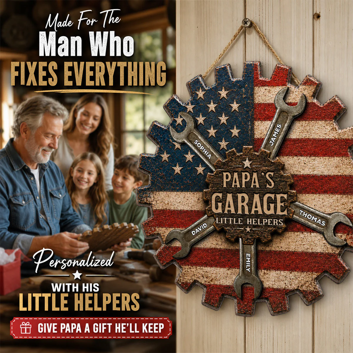Rustic Workshop Dad Papa's Garage Little Helpers American Flag - Personalized Wooden Sign - Gift For Dad, Grandpa - Image 8