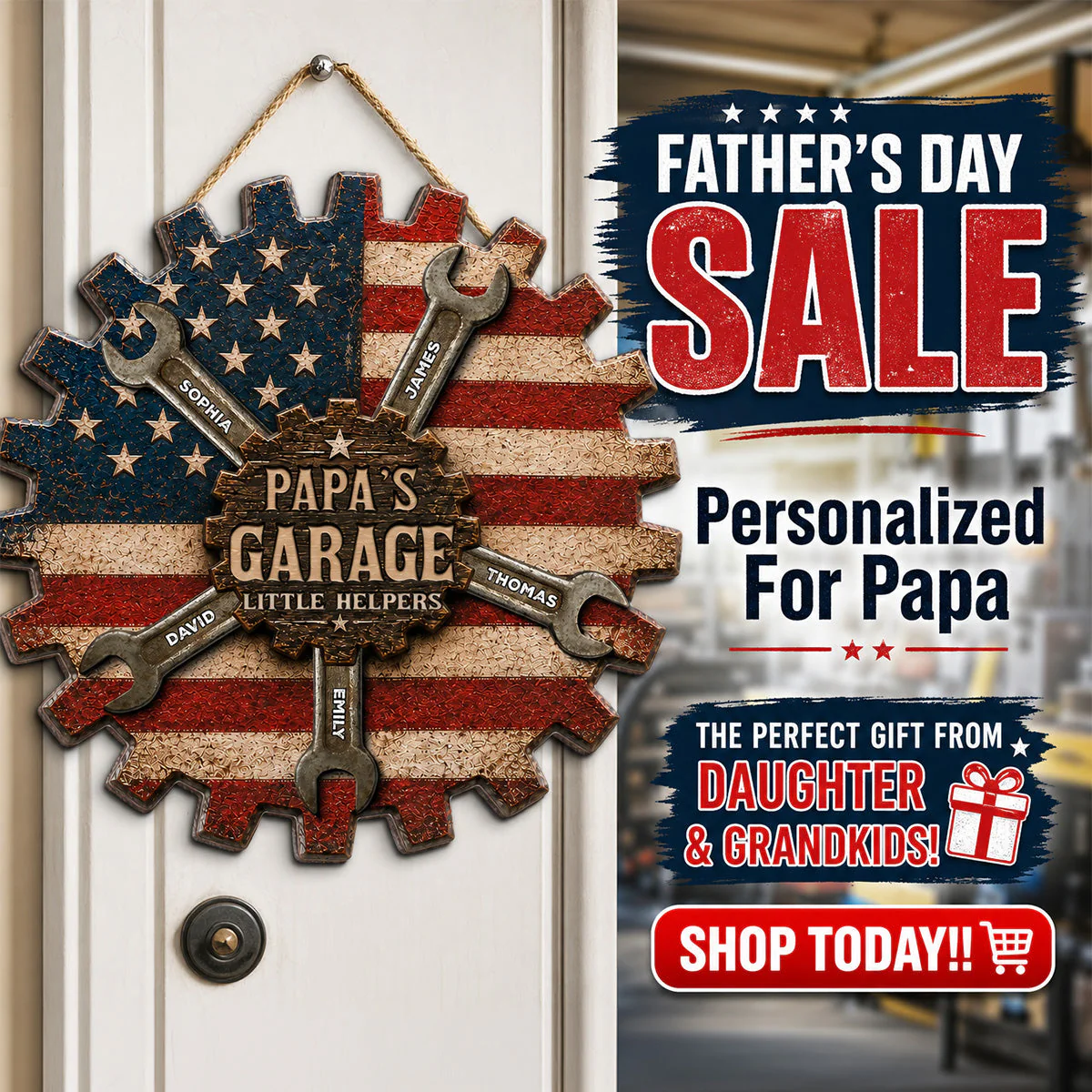 Rustic Workshop Dad Papa's Garage Little Helpers American Flag - Personalized Wooden Sign - Gift For Dad, Grandpa - Image 9