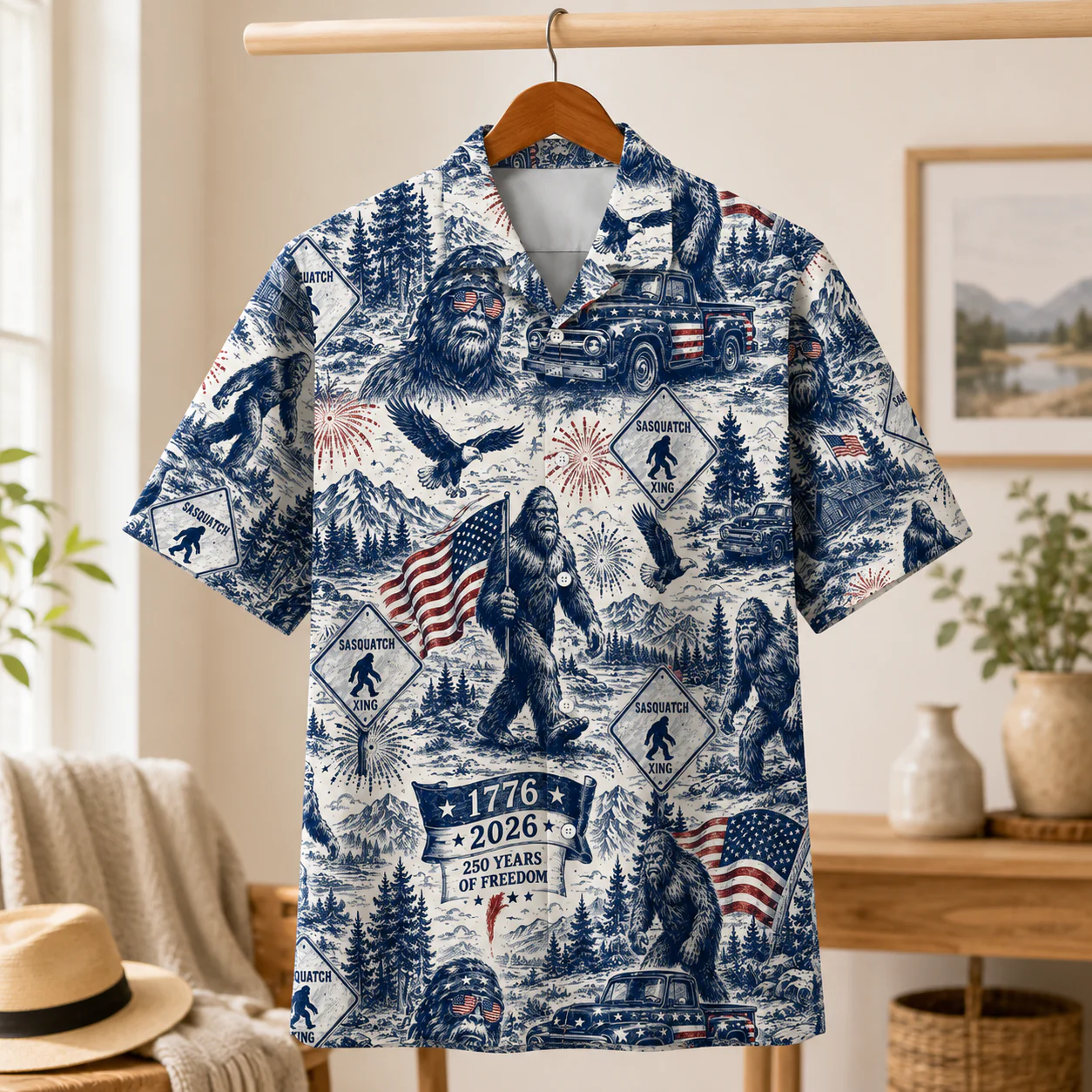 Toile De jouy Sasquatch 250 Years Of Freedom American Flag - Hawaiian Shirt - Gift for Patriots