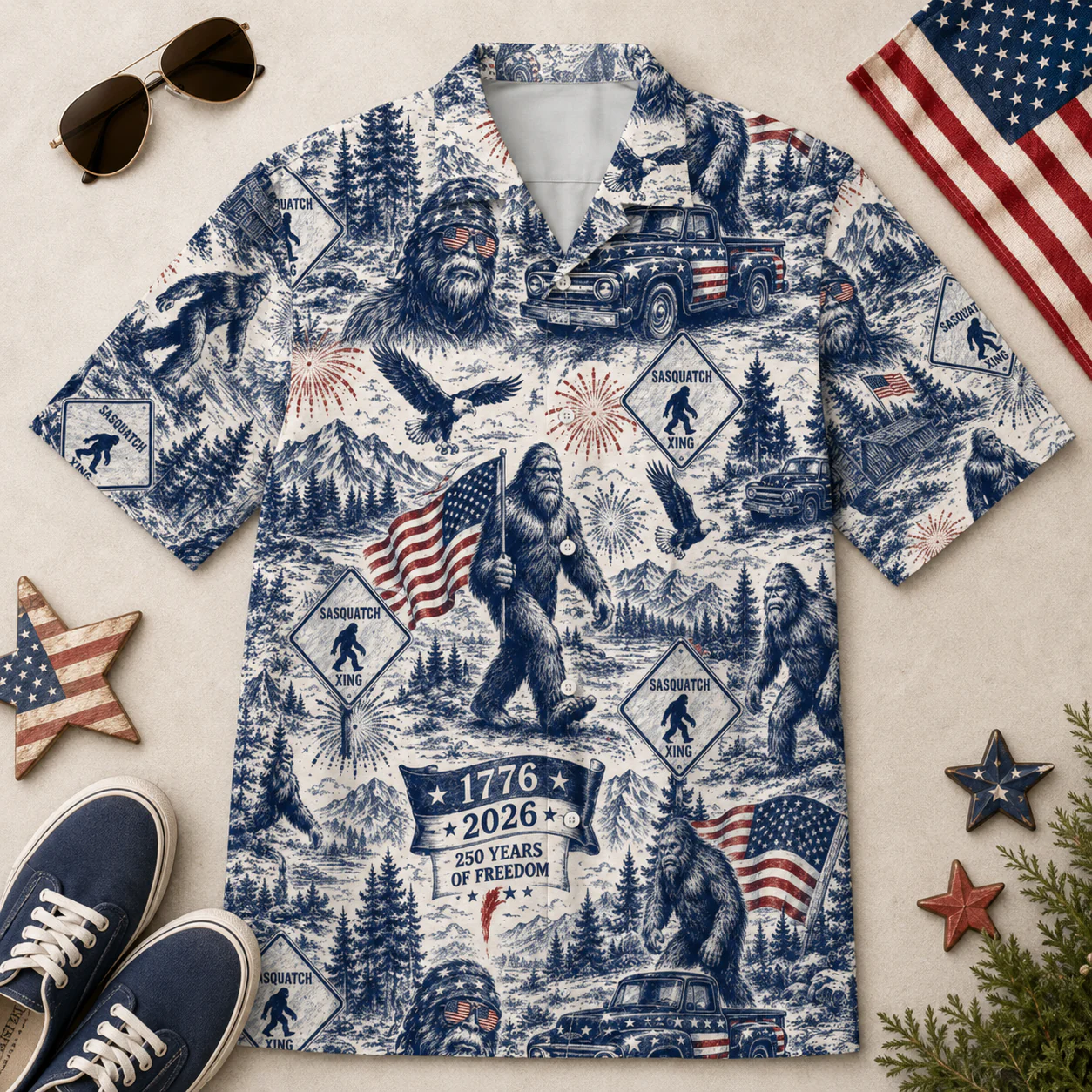 Toile De jouy Sasquatch 250 Years Of Freedom American Flag - Hawaiian Shirt - Gift for Patriots - Image 2