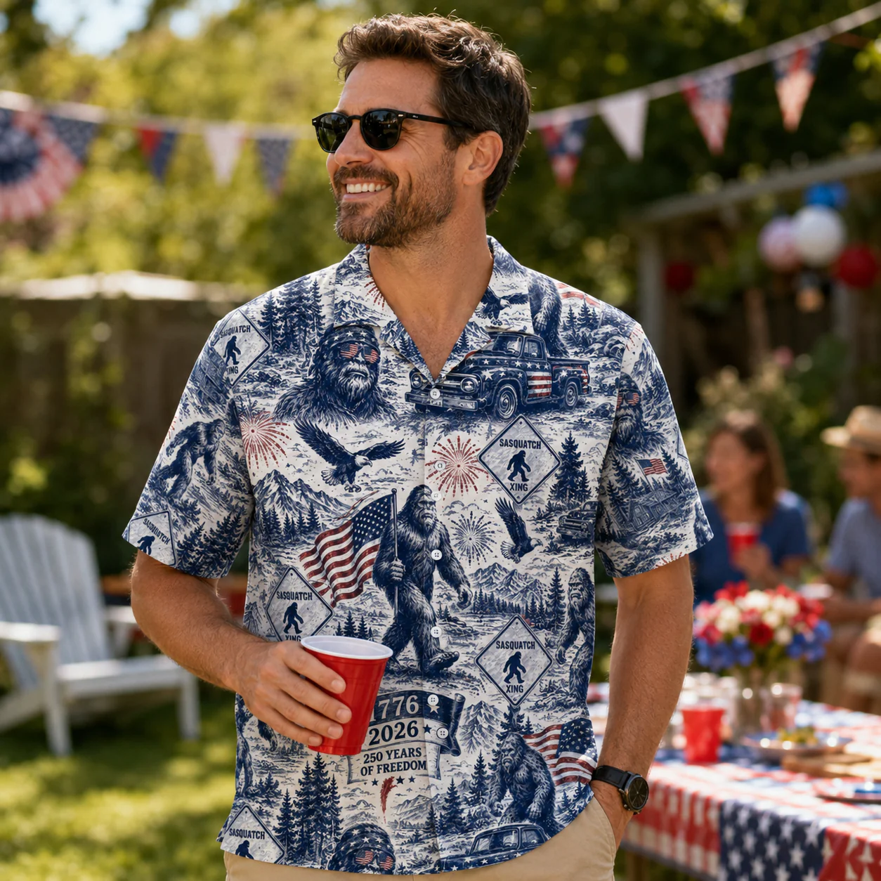 Toile De jouy Sasquatch 250 Years Of Freedom American Flag - Hawaiian Shirt - Gift for Patriots - Image 3