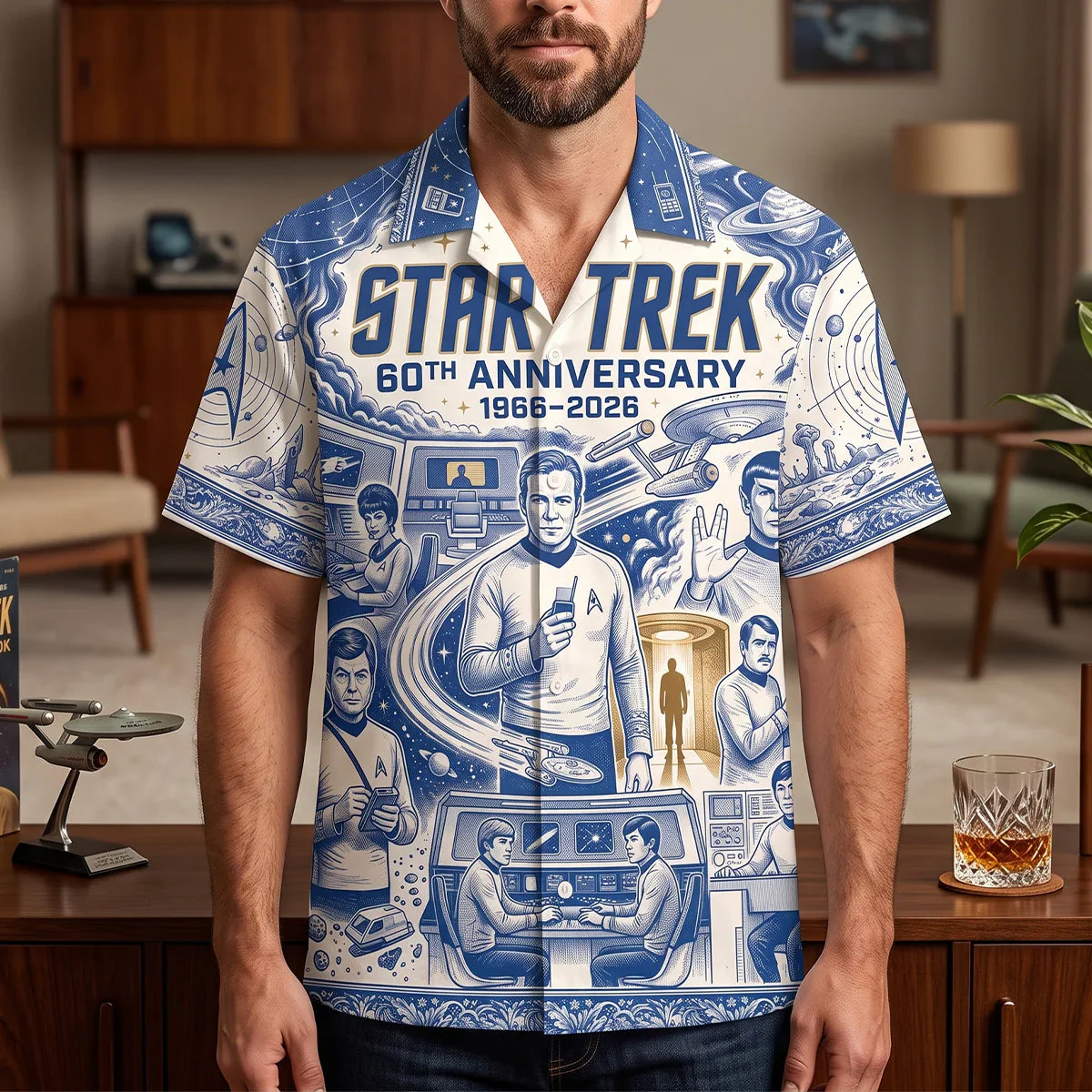SaTr Celebrate 60th Anniversary - Personalized Blue Toile de Jouy Hawaiian Shirt - Gift For Movie Fans - Image 2
