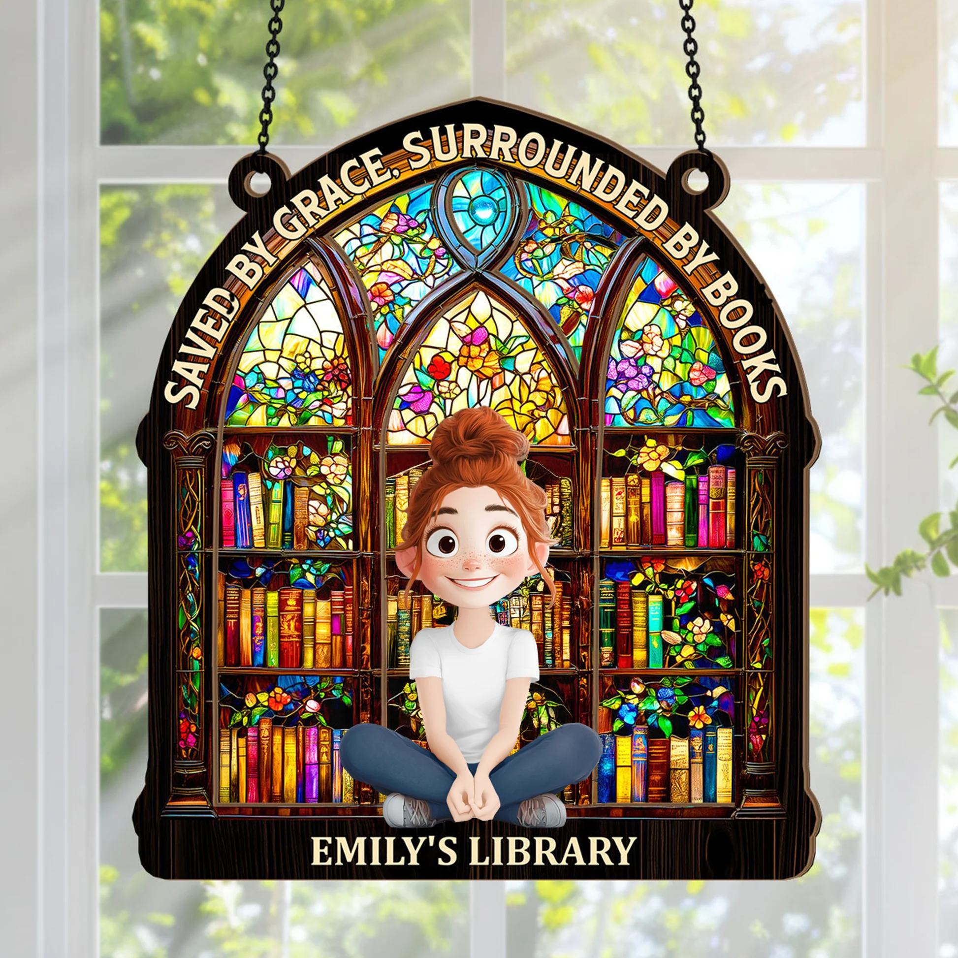 Saved By Grace, Surrounded By Books - Personalized Window Hanging Suncatcher | CLB2 - Image 2