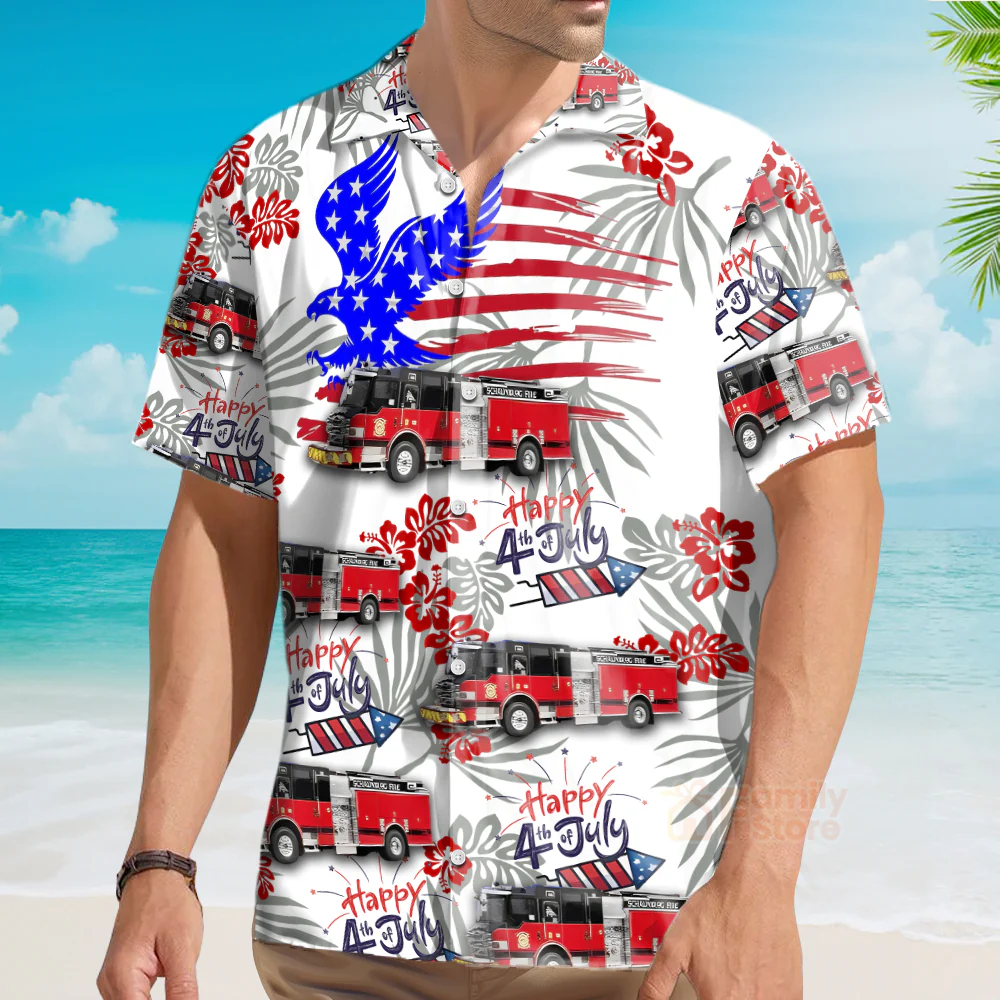 Schaumburg, Illinois, Schaumburg Fire Department, 4Th Of July Hawaiian Shirt - Image 3