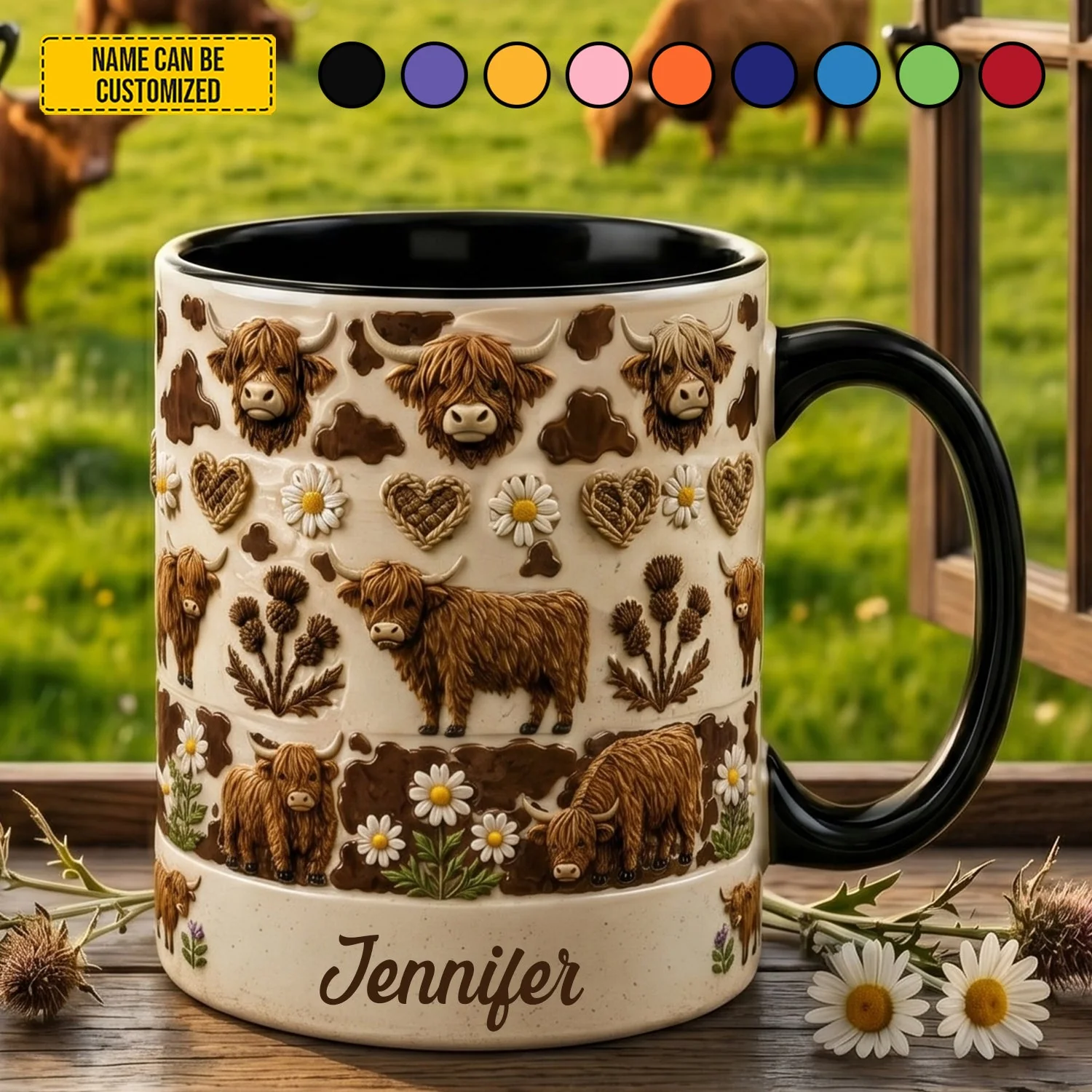 Scottish Highland Cow Daisy Flowers - Personalized Accent Mug - Gift For Farmers