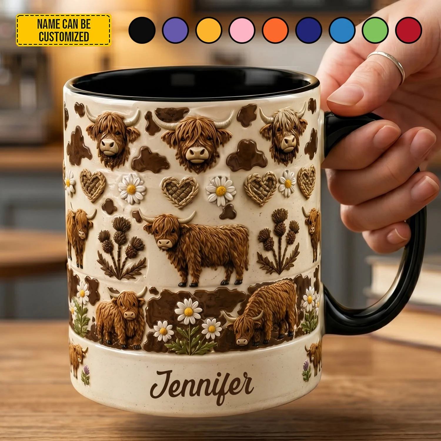 Scottish Highland Cow Daisy Flowers - Personalized Accent Mug - Gift For Farmers - Image 3