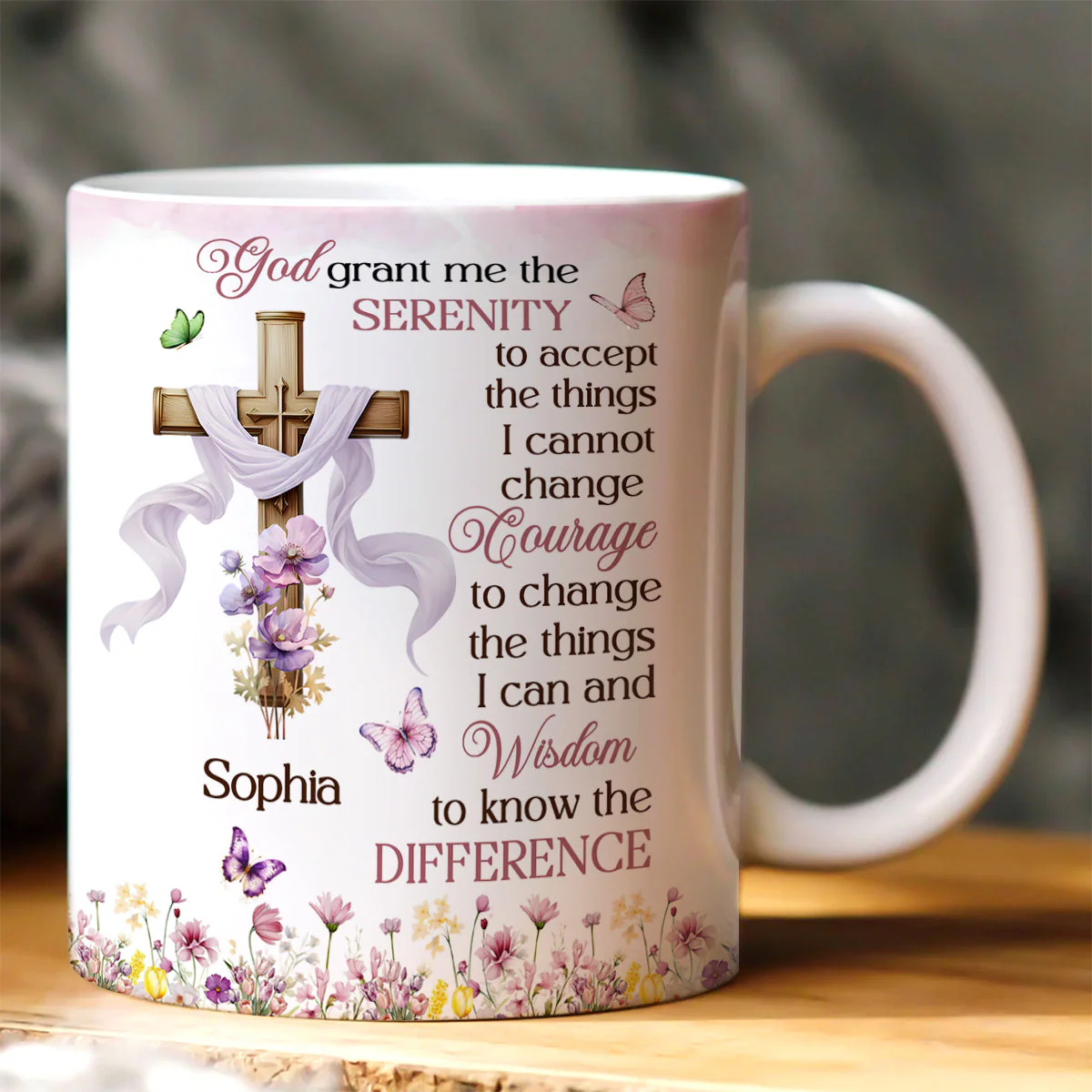 Serenity Prayer with Cross & Flowers - Personalized Mug - Christian Gift