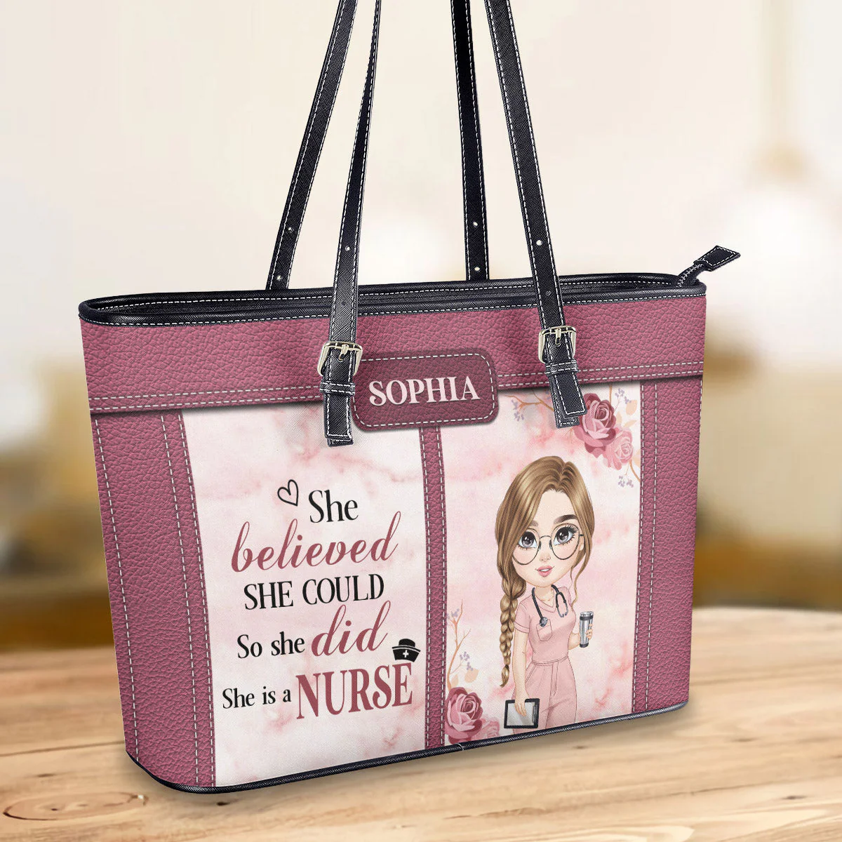 She Believed She Could - Personalized Leather Tote Bag - Gift For Nurse | NR4 HH01 - Image 2