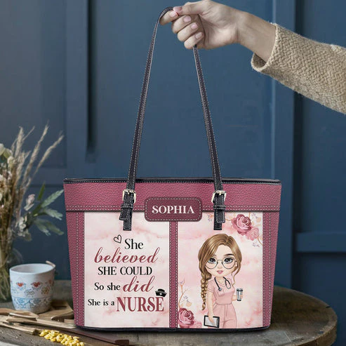 She Believed She Could - Personalized Leather Tote Bag - Gift For Nurse | NR4 HH01 - Image 3