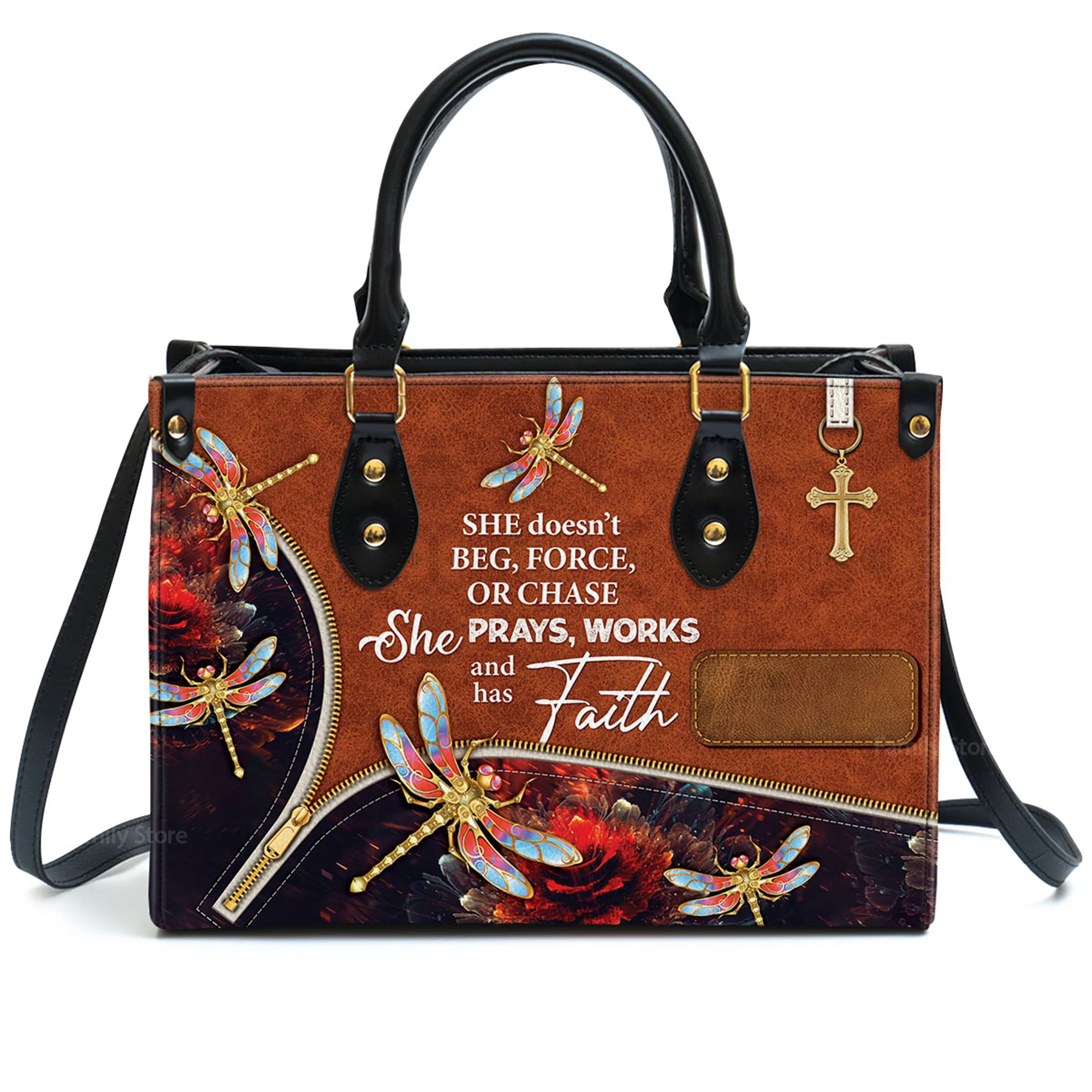 She Prays, Works, And Has Faith Pretty Dragonfly - Unique Personalized Leather Handbag - AT4081413 - Image 2