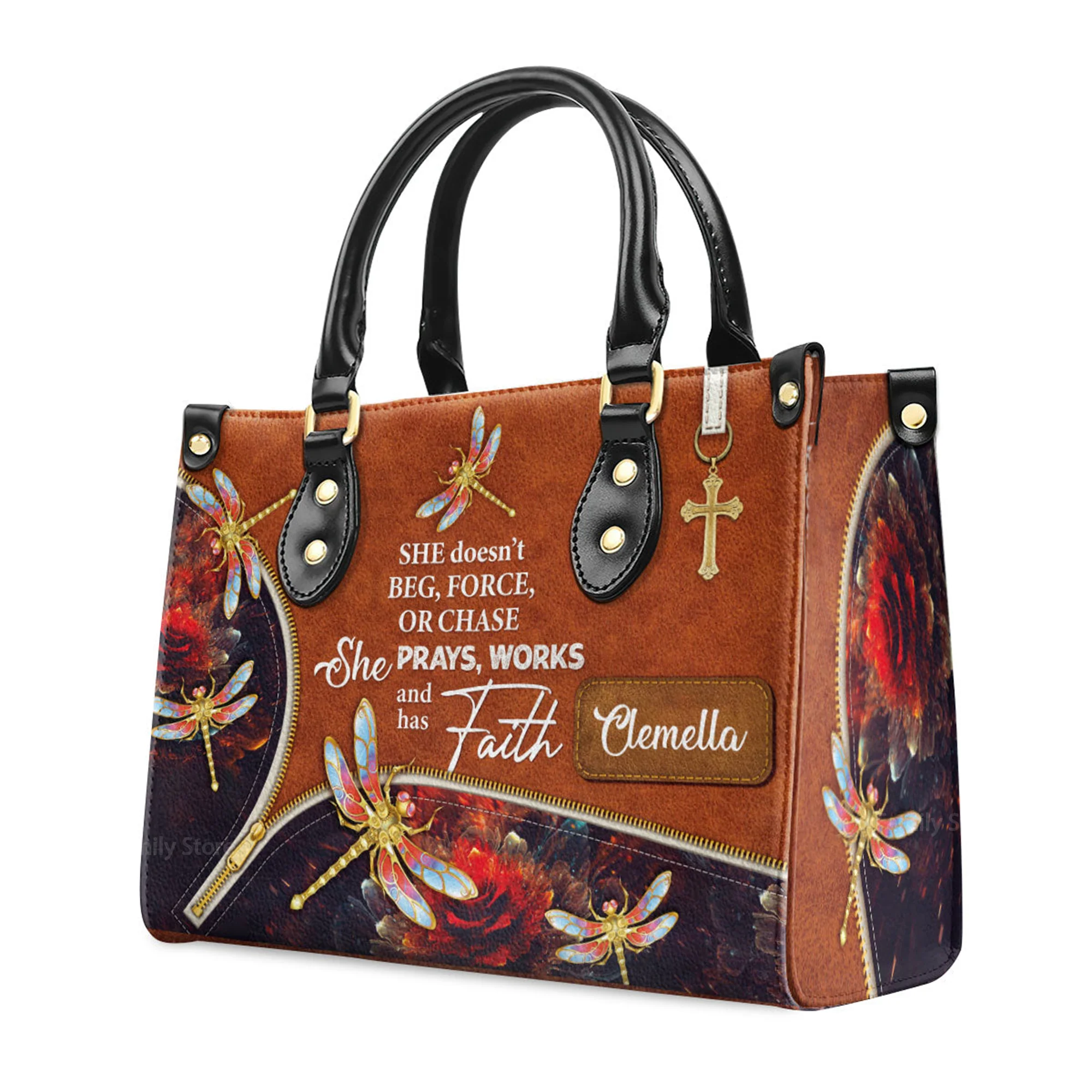 She Prays, Works, And Has Faith Pretty Dragonfly - Unique Personalized Leather Handbag - AT4081413 - Image 3