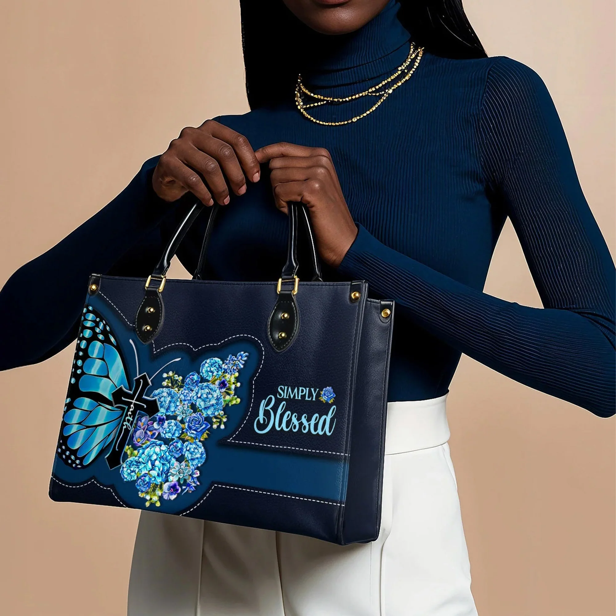 Simply Blessed Blue Butterfly & Flowers - Christian Leather Handbag - Image 3