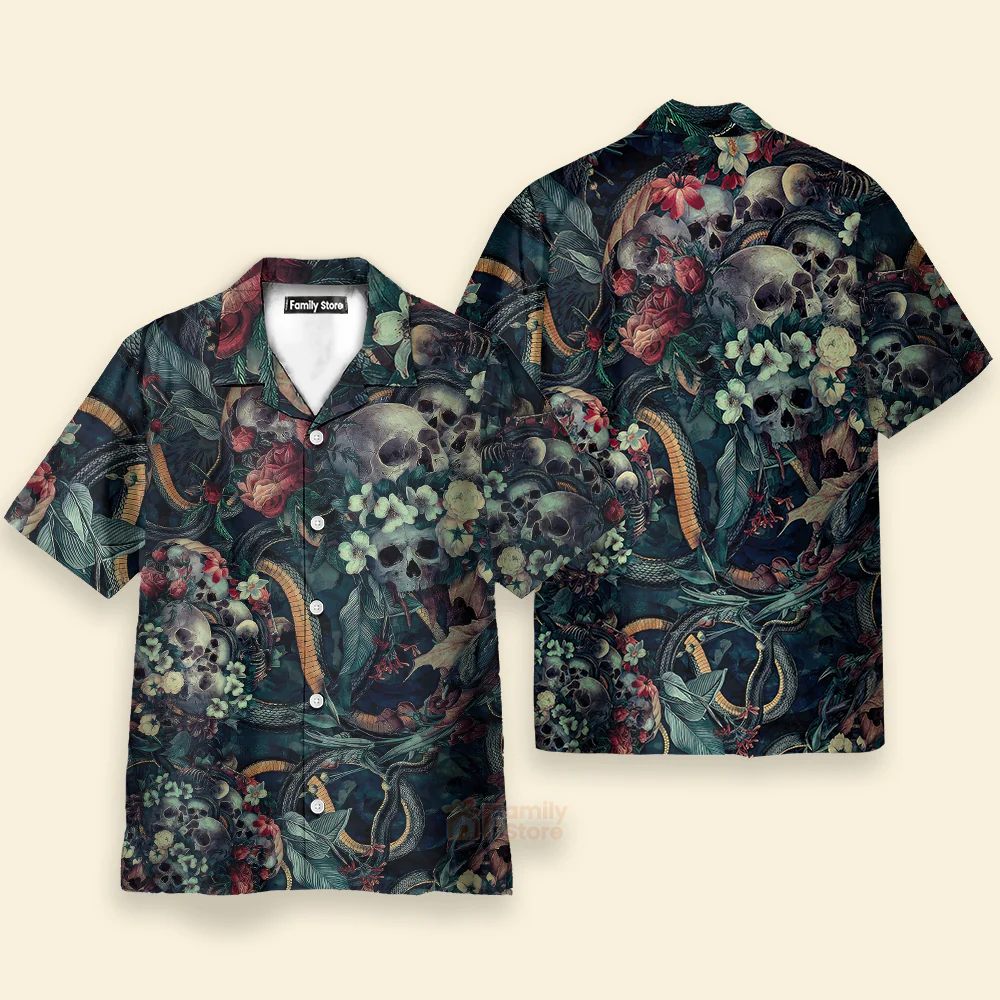 Skull Among The Mysterious And Eerie Flowers Hawaiian Shirt - Image 2
