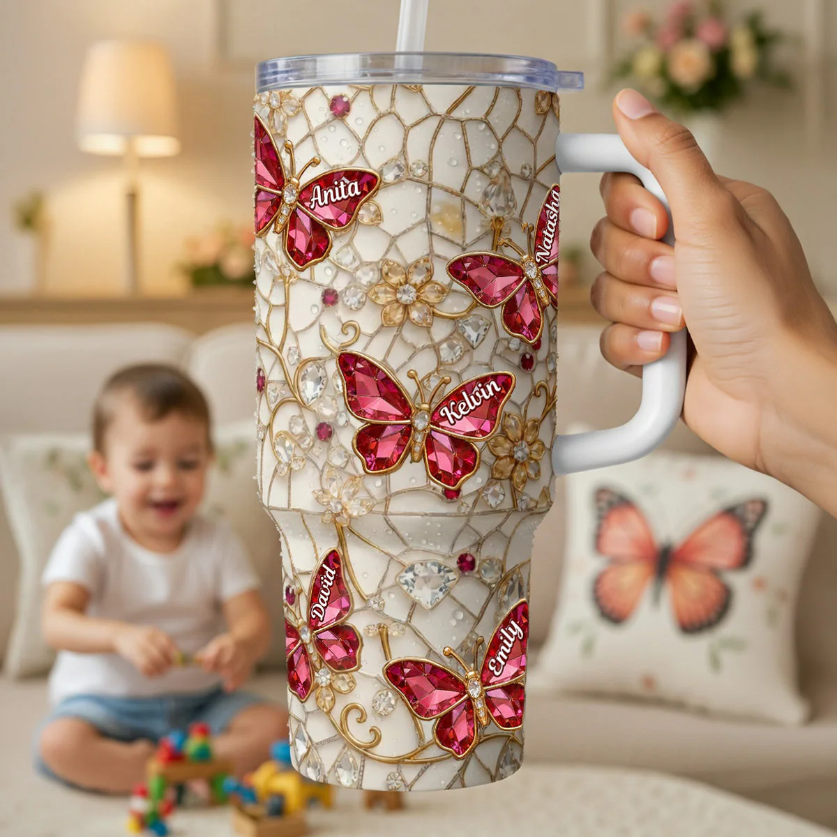 Sparkling Butterfly Floral - Personalized Tumbler - Gift For Mom, Grandma HN02