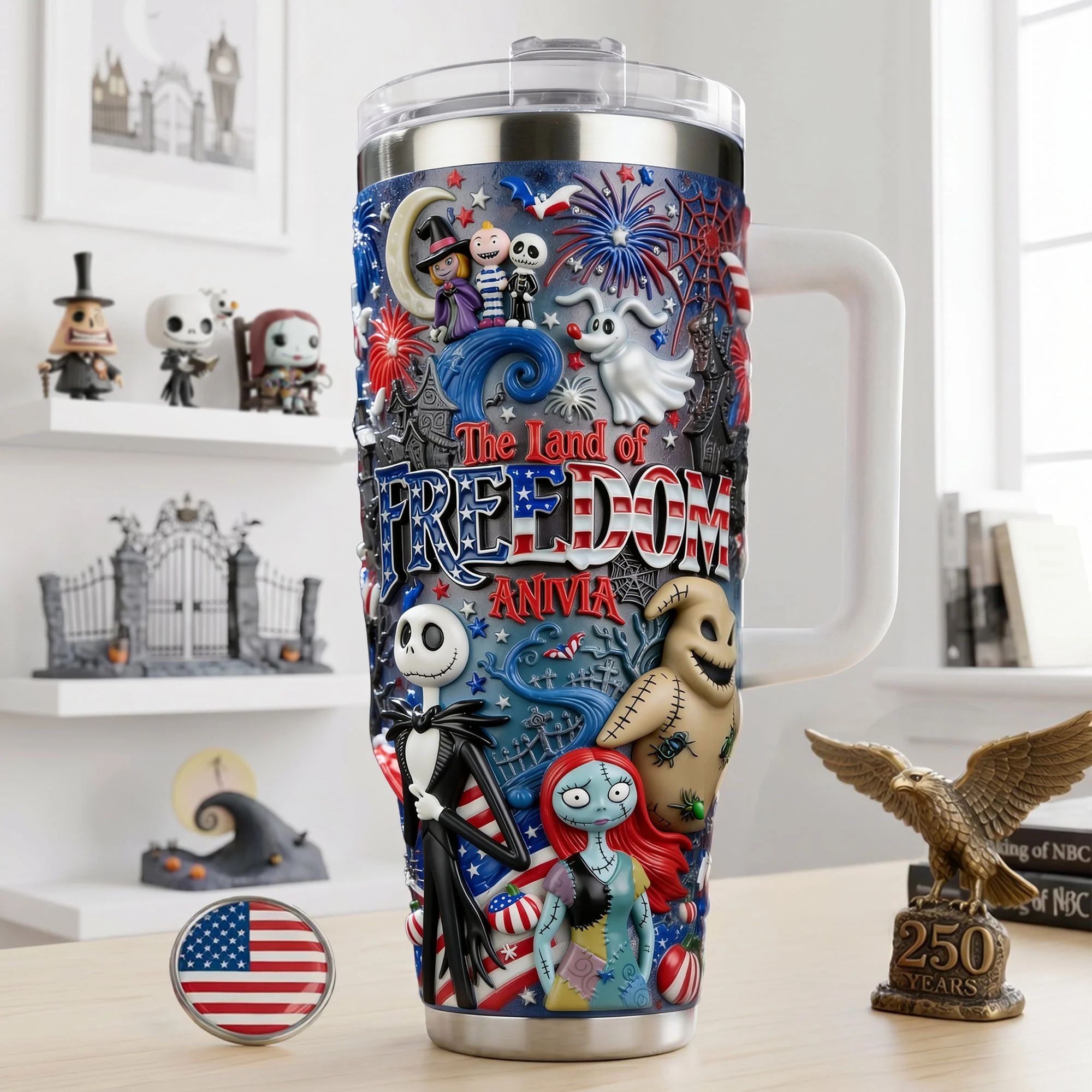 Spooky The Land Of Freedom - Personalized Tumbler With Handle - Gift For Patriots, Movie Fans