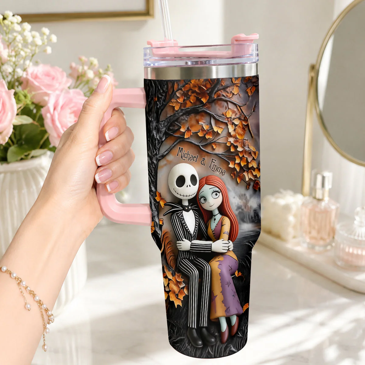 Spooky Till Death Do Us Part - Personalized Tumbler With Handle - Gift For Couples, Movie Fans - Image 3
