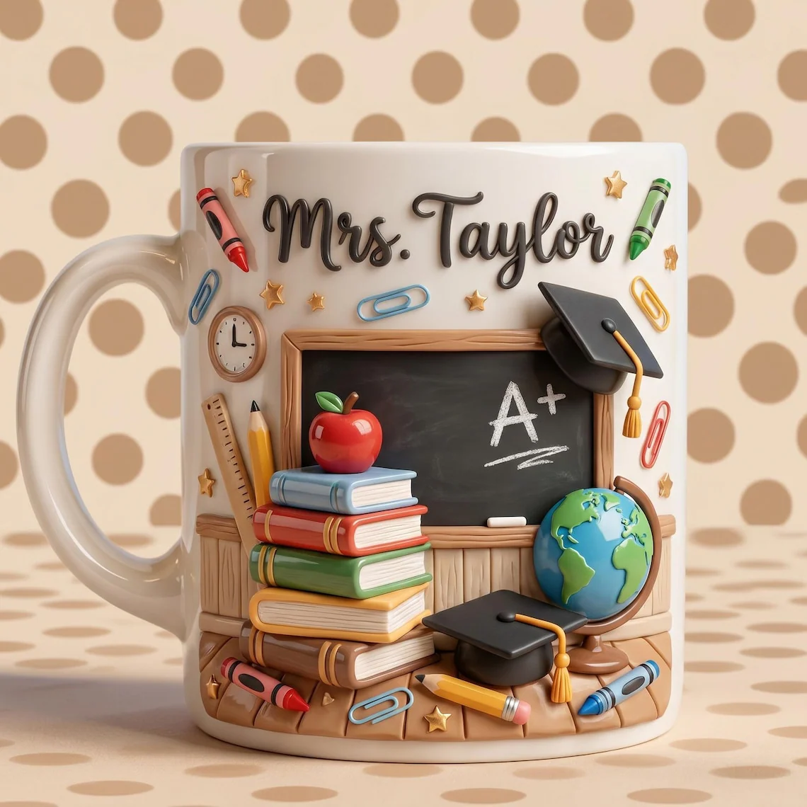 Stack Of Books Apple Pencil - Personalized White Ceramic Mug - Gift For Teacher - Image 4
