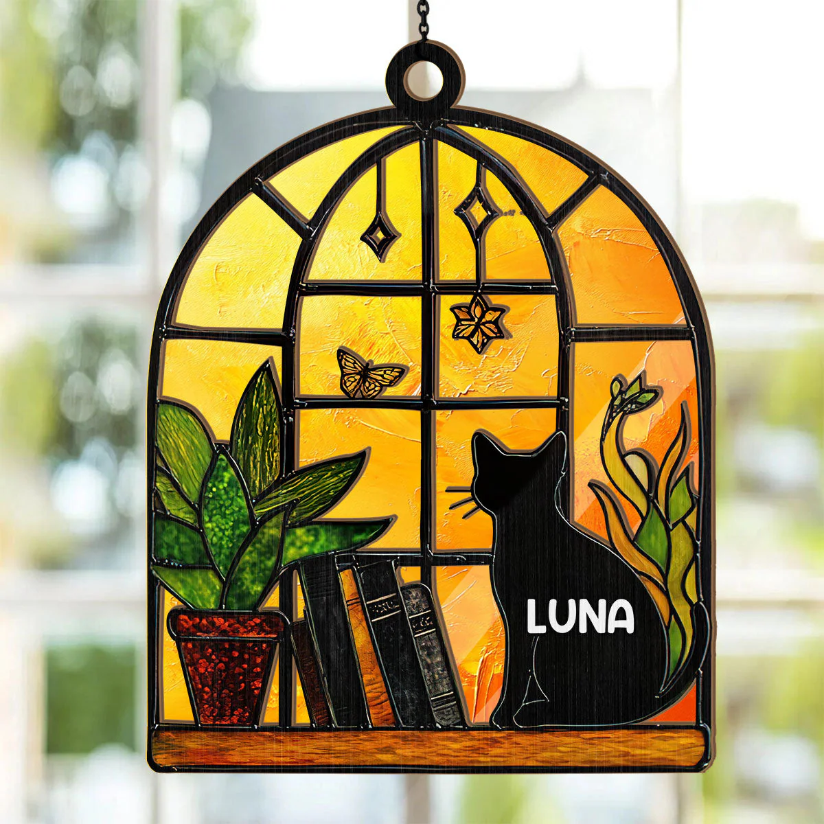 Stained Glass Black Cat And Book - Personalized Window Hanging Suncatcher