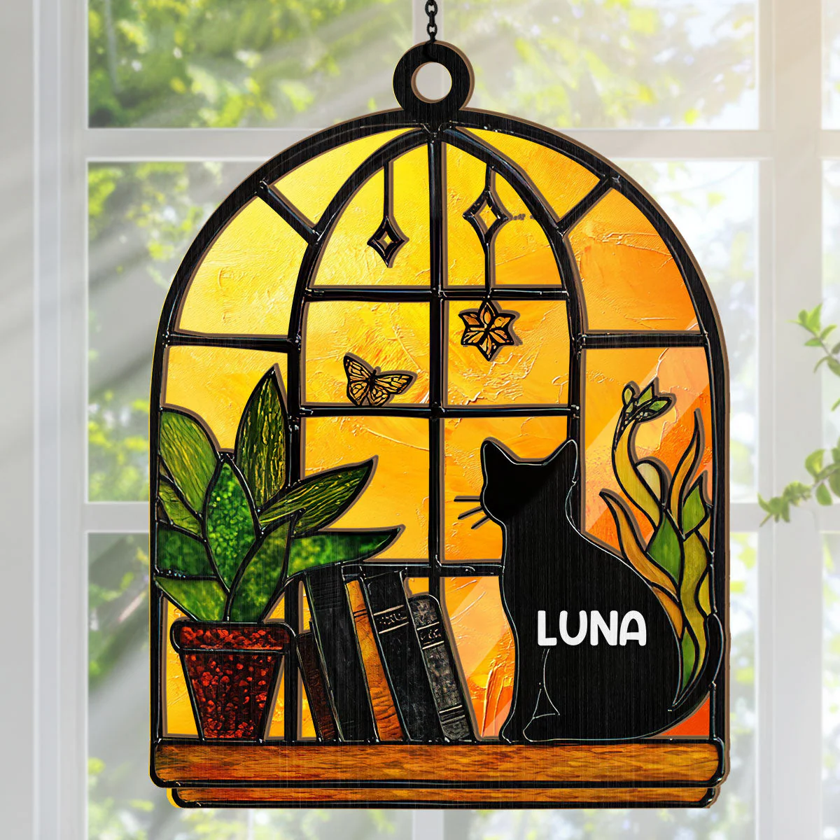 Stained Glass Black Cat And Book - Personalized Window Hanging Suncatcher - Image 2