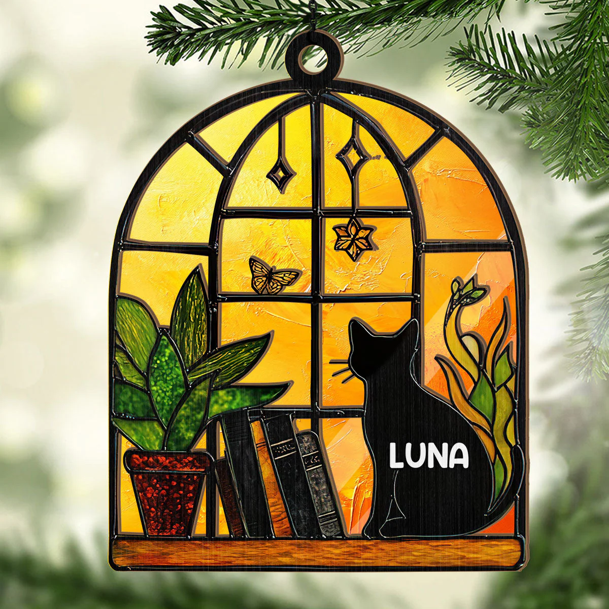 Stained Glass Black Cat And Book - Personalized Window Hanging Suncatcher - Image 3