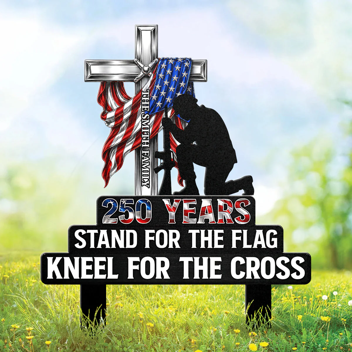 Stand For Flag Kneel For Cross Soldier - Personalized Metal Stake Garden - Gift For Family