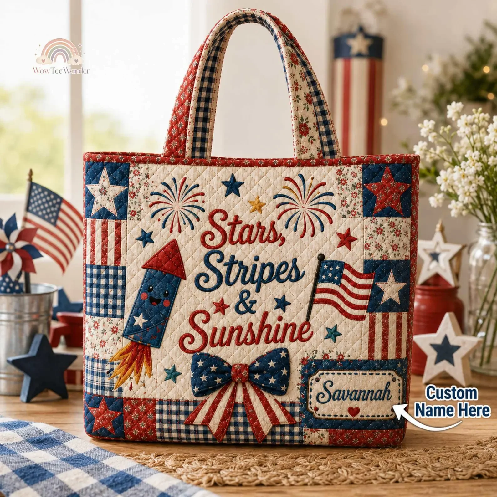 Stars Stripes and Sunshine USA Flag - Personalized Quilted Tote Bag - Gift For Patriots