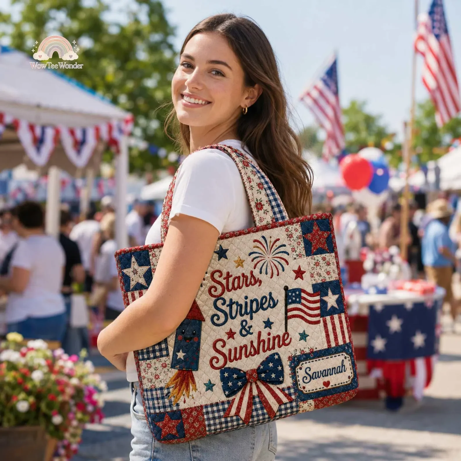 Stars Stripes and Sunshine USA Flag - Personalized Quilted Tote Bag - Gift For Patriots - Image 3