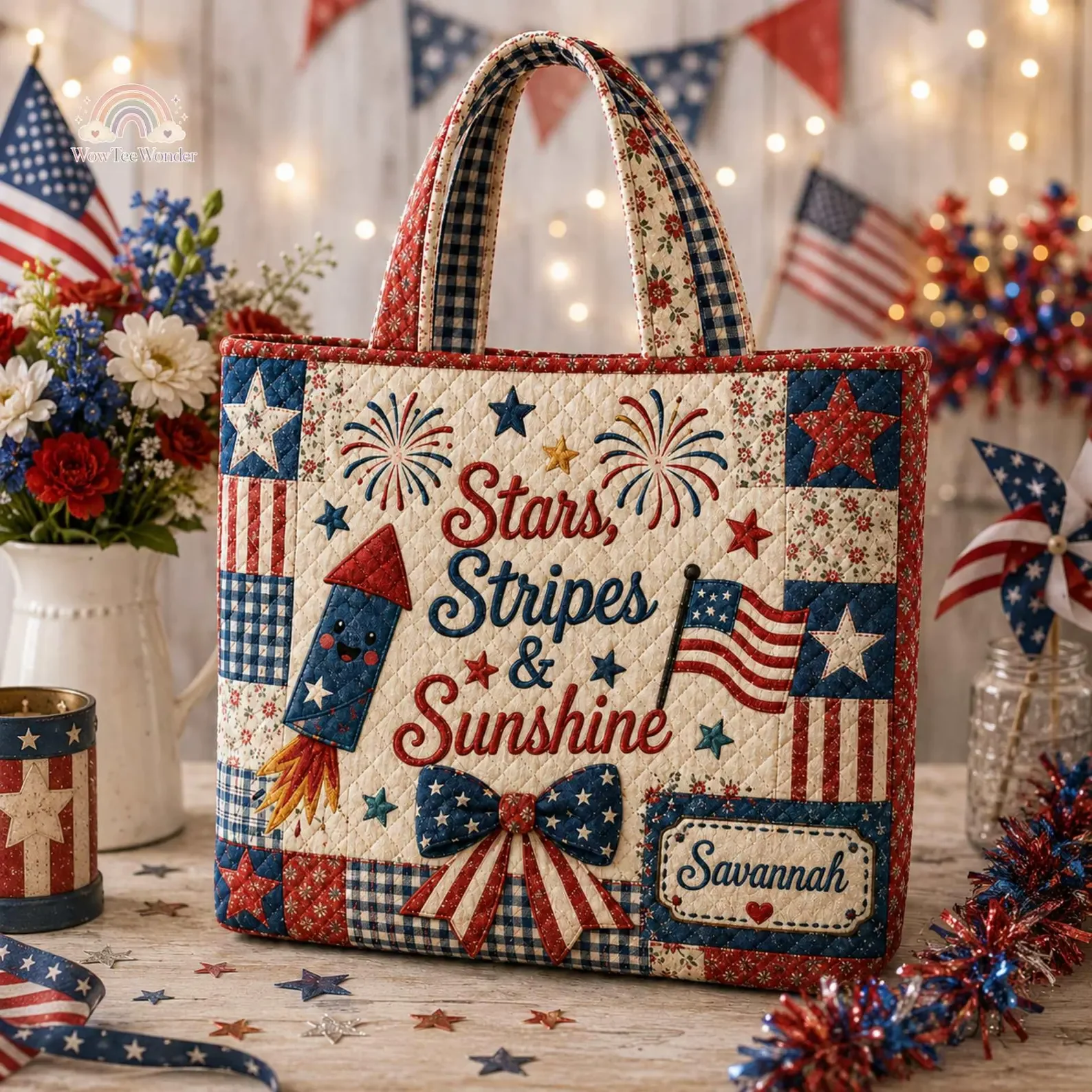 Stars Stripes and Sunshine USA Flag - Personalized Quilted Tote Bag - Gift For Patriots - Image 4