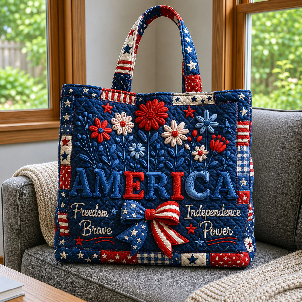 Stars & Stripes Floral America 4th of July - Personalized Patriotic Quilted Tote Bag - Gift For Her, Patriots