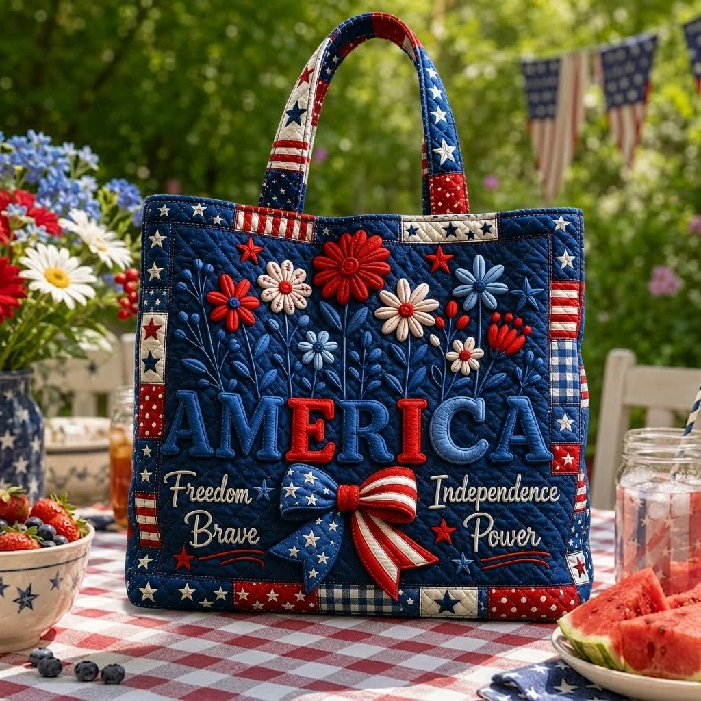 Stars & Stripes Floral America 4th of July - Personalized Patriotic Quilted Tote Bag - Gift For Her, Patriots - Image 2