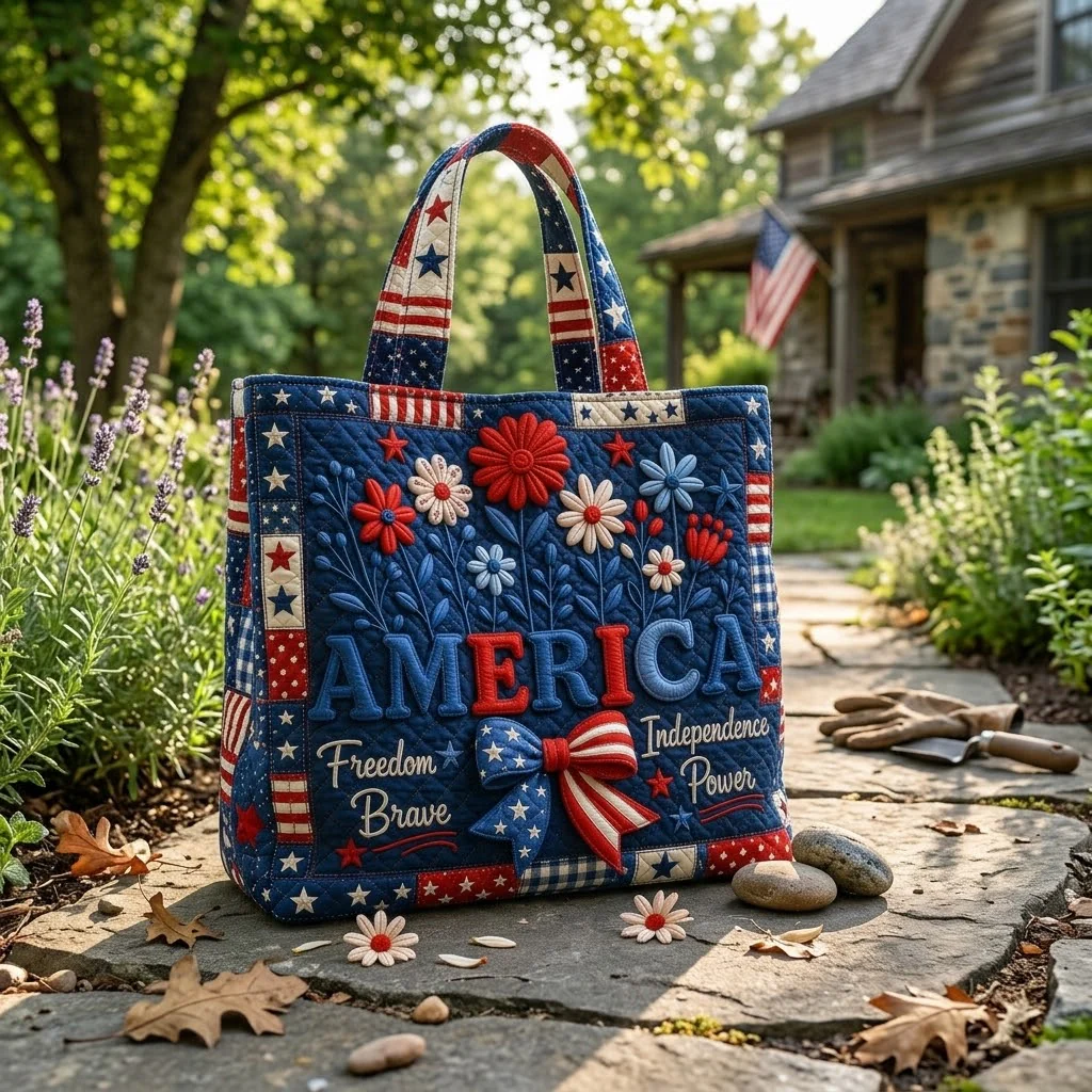 Stars & Stripes Floral America 4th of July - Personalized Patriotic Quilted Tote Bag - Gift For Her, Patriots - Image 3