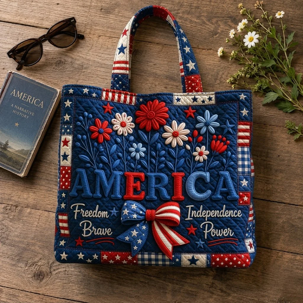Stars & Stripes Floral America 4th of July - Personalized Patriotic Quilted Tote Bag - Gift For Her, Patriots - Image 4