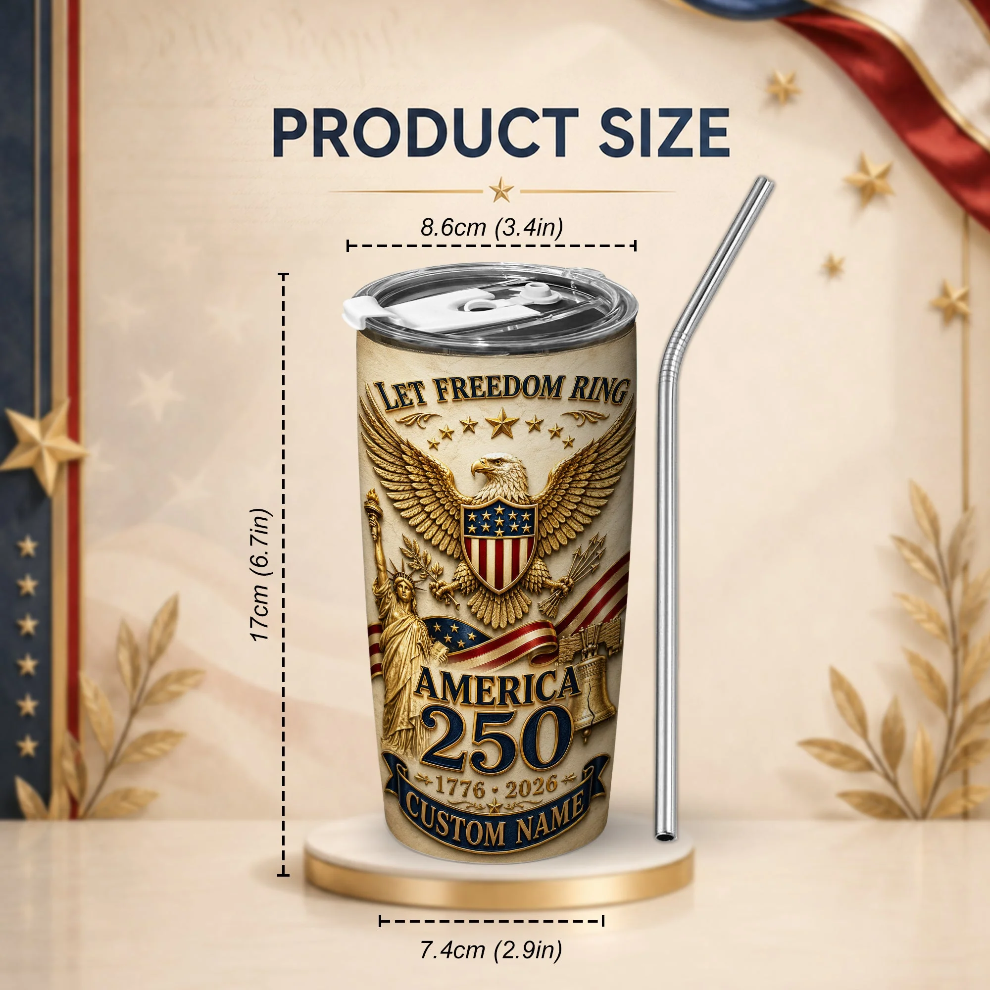 Statue of Liberty 1776–2026 America 250th Freedom - Personalized Tumbler - Gift For Patriots - Image 3