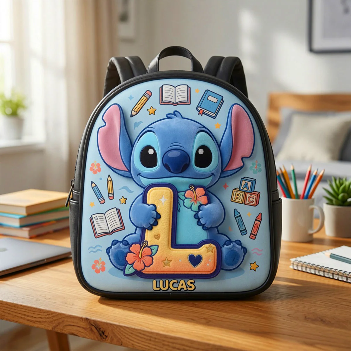 Sti Alphabet Cute Blue Alien - Personalized Backpack - Back To School Gifts - Image 2