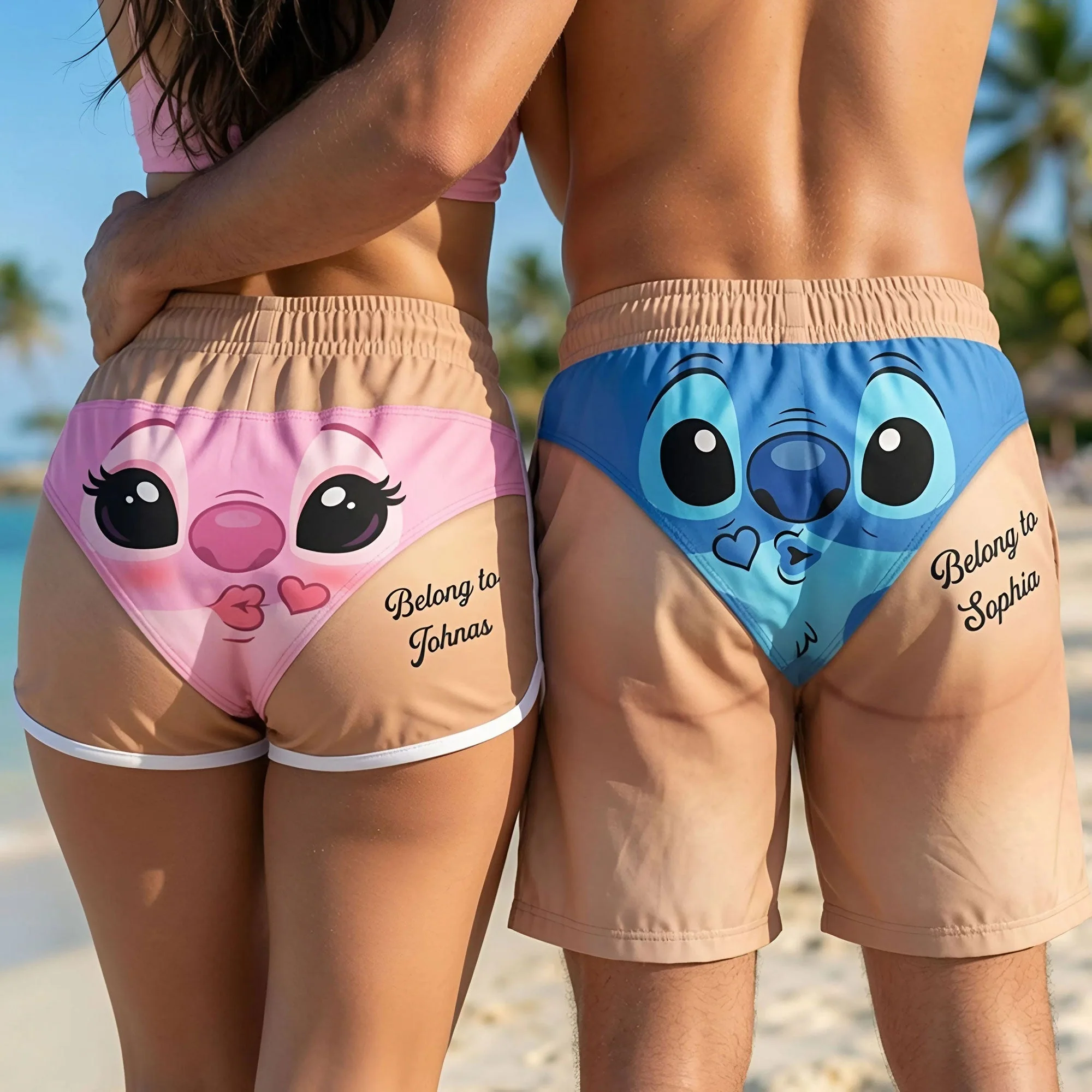 Sti Custom Funny Blue Alien Matching Couple Swimwear - Personalized Couple Beach Short - Gifts For Couples