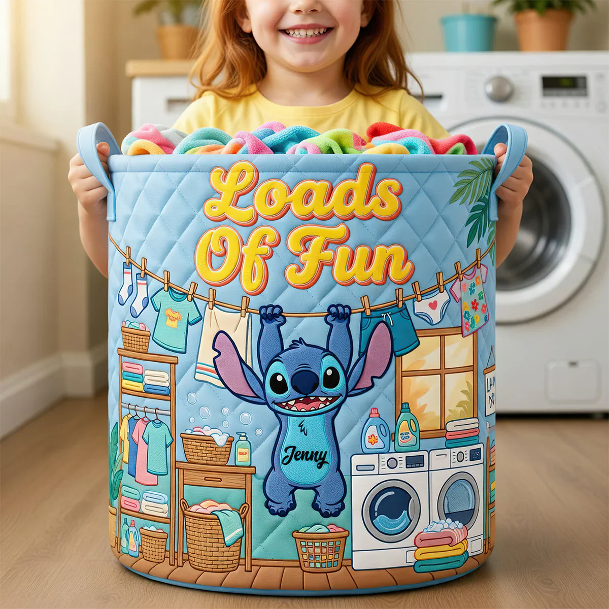 Sti Loads Of Fun - Personalized Quilted Laundry Basket - Gift For Family, Laundry Lovers