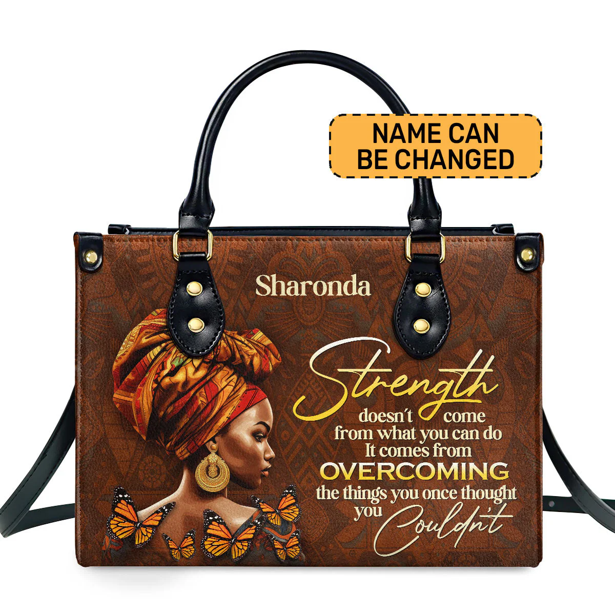Strength Overcoming Afro Butterfly - Personalized Leather Handbag - Empowerment Gift For Her | HD95